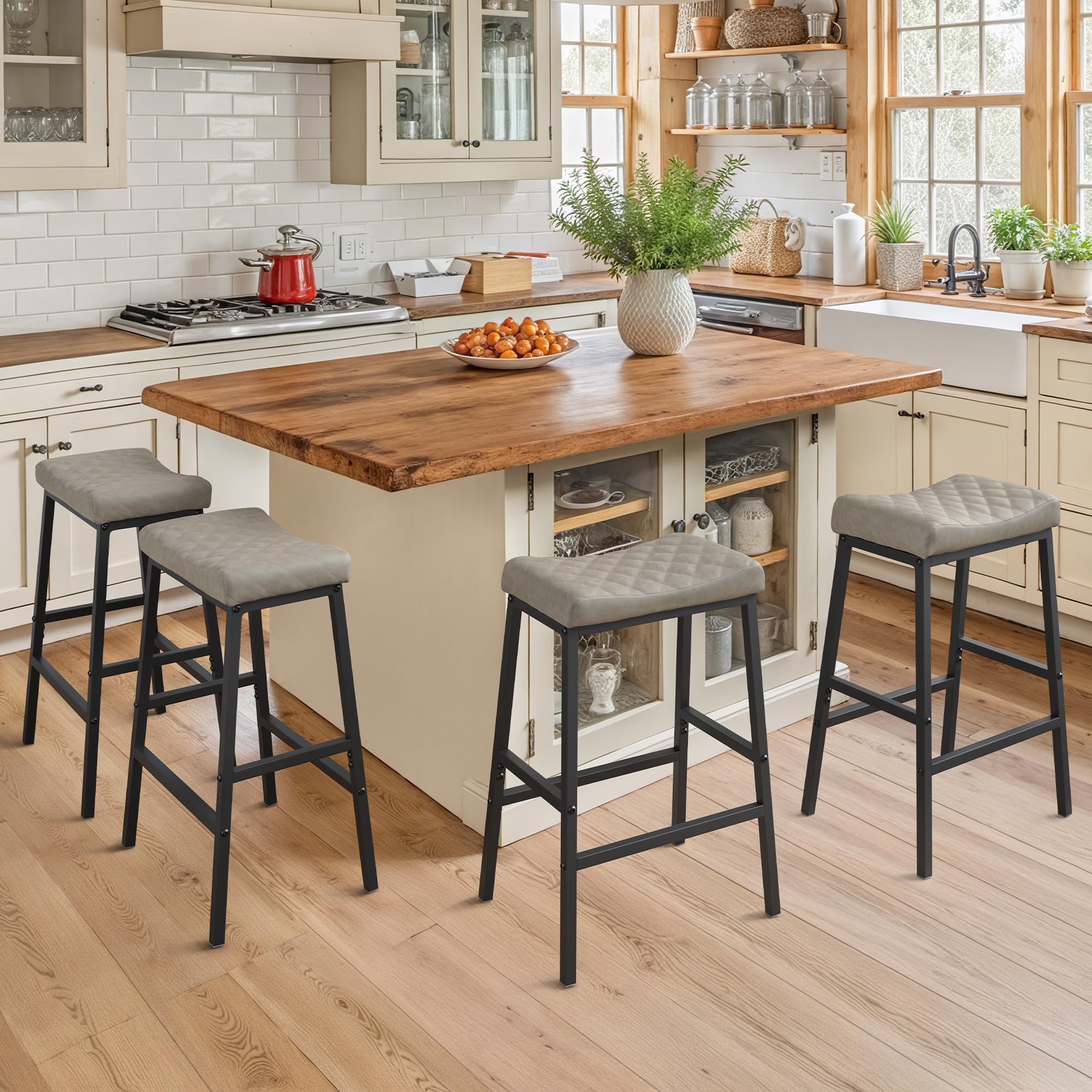 Compsia Counter Height Bar Stools Set of 4, Barstools with Thick PU Leather Saddle Seat & Black Metal Legs,24Inch Kitchen Counter Stools,Dark Beige