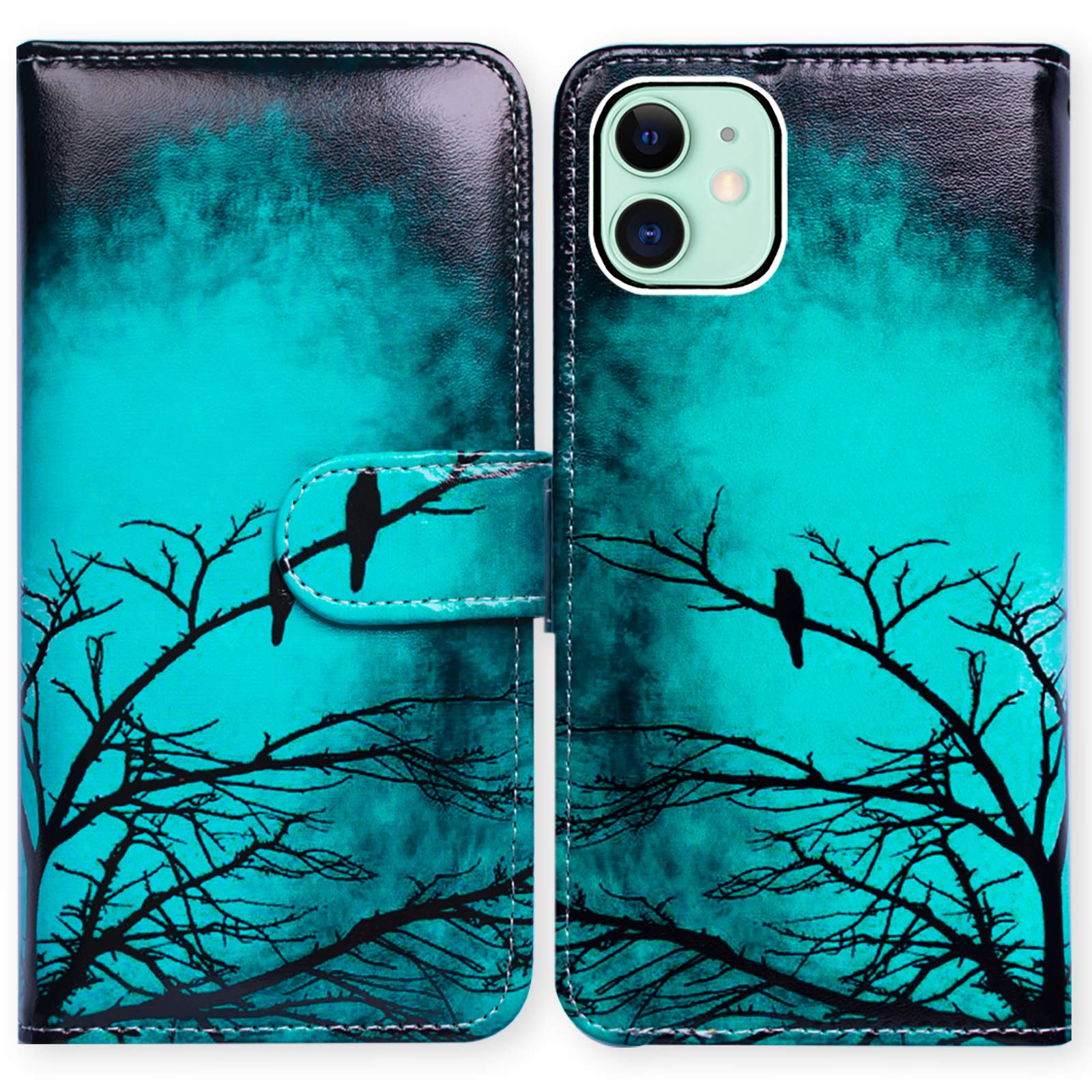 BcovCase for iPhone 12,iPhone 12 Pro Case, Black Bird Green Leather Flip Phone Case Wallet Cover with Card Slot Holder Kickstand for iPhone 12/iPhone 12 Pro