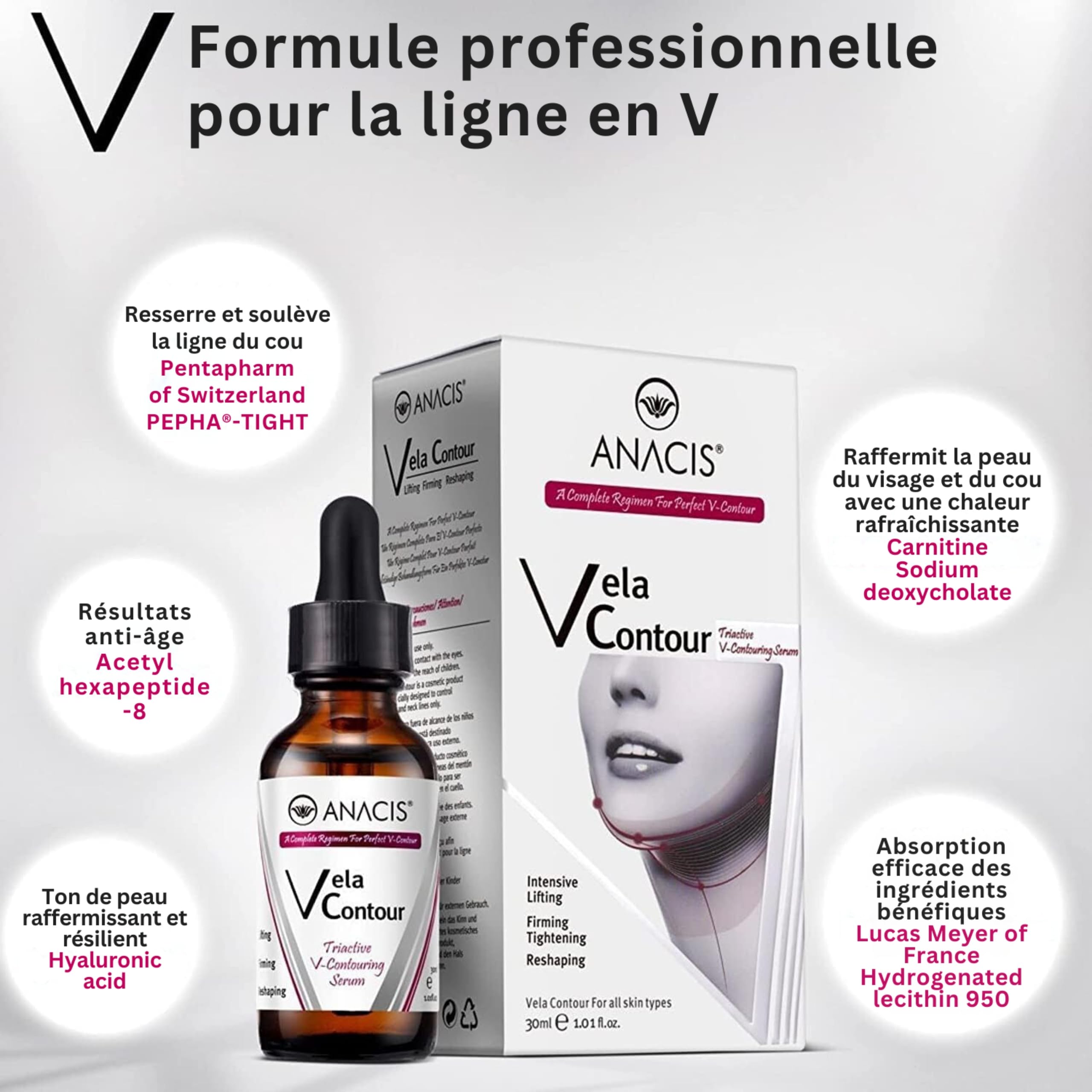 Vela Contour Sérum - Raffermissant et Liftant pour le Cou, Anti-Rides, Réduit le Relâchement et le Double Menton | ANACIS Sérum Visage et Cou