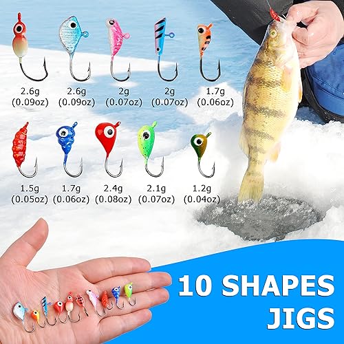 Miniatura 2 de Juego de señuelos de pesca en hielo, 48 piezas de equipo luminoso de pesca en hielo Crappie Panfish Jigs Head Fishing Hooks Set para invierno Ice