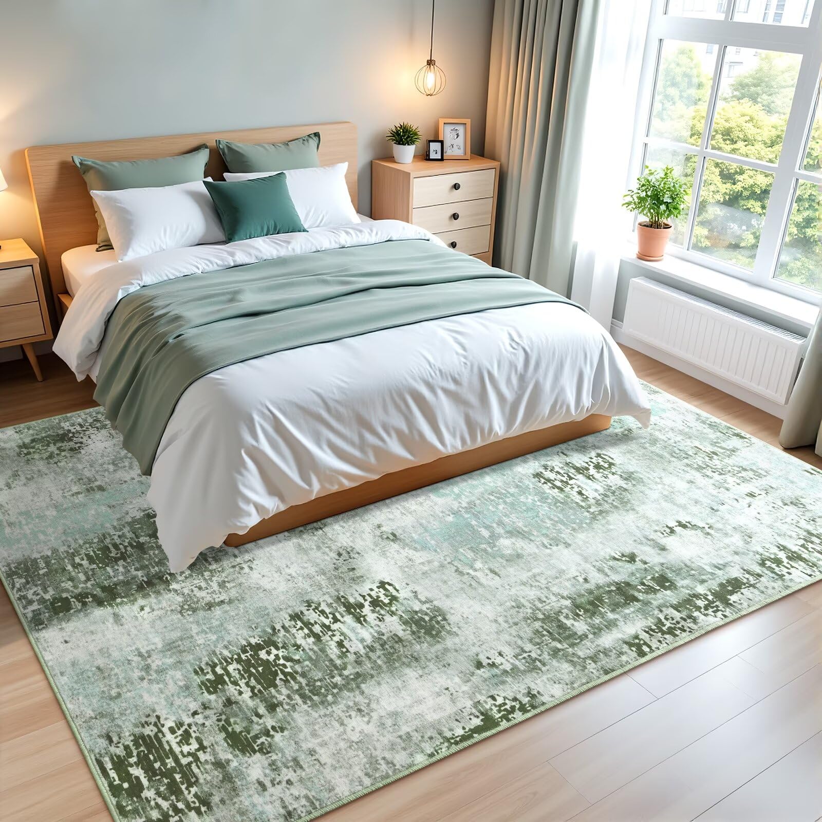 Macgace Moderner abstrakter Teppich für Wohnzimmer, 120 x 150 cm, maschinenwaschbar, mit rutschfester Unterseite für Schlafzimmer, weicher Bodenbelag, moderner Teppich für Esszimmer, Heimbüro, Grün