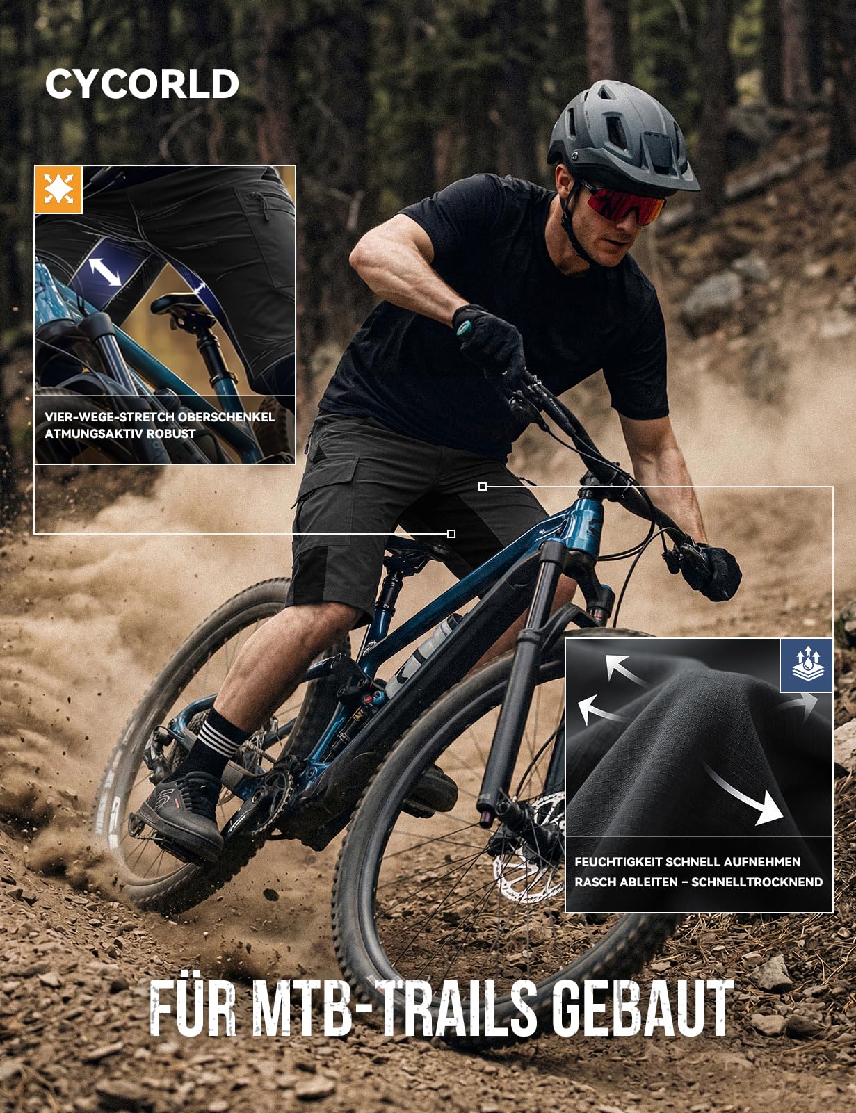 Cycorld MTB Hose Herren Gepolstert: Lockere Fahrradhose mit Abnehmbar Radunterhose 4D Sitzpolster Atmungsaktiv Radhose Shorts