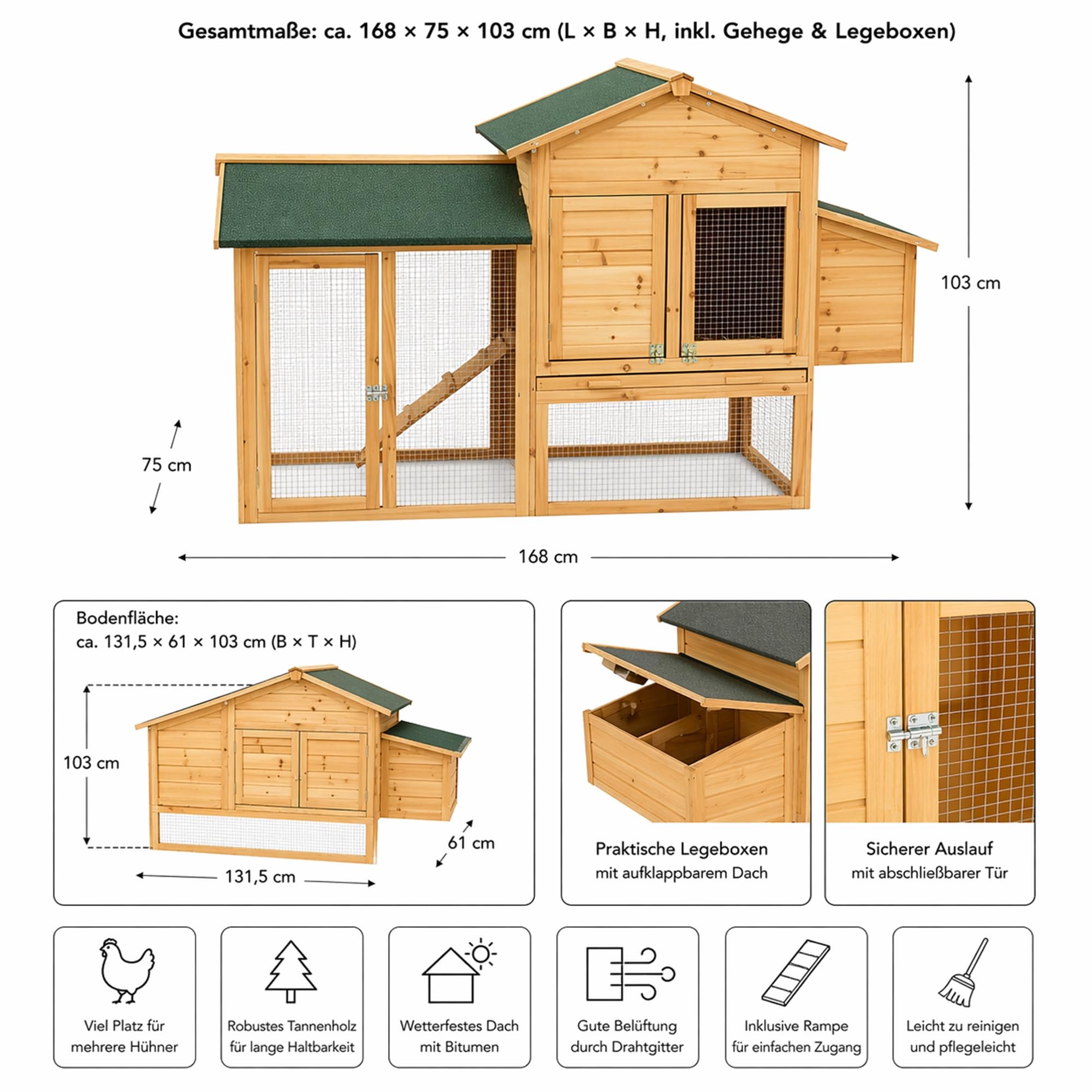Mucola Hühnerstall mit Auslauf für 4-6 Hühner 168x75x103cm Hühnerhaus | inkl. Nistkasten mit Deckelhalterung | Kleintierstall aus Holz Hühnervoliere