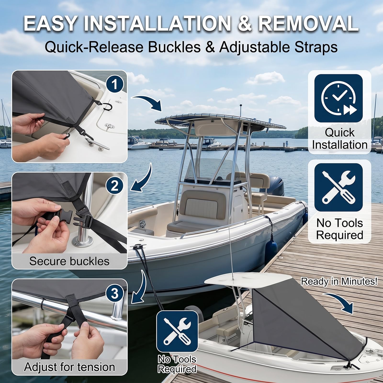 Auvent Avant T-Top pour Couverture de Bateau, Tissu Oxford 600D Imperméable, Auvent Solaire avec Protection UV50+ pour la Plupart des Bateaux à Console Centrale(Gray,108"x120" (275x305 cm))