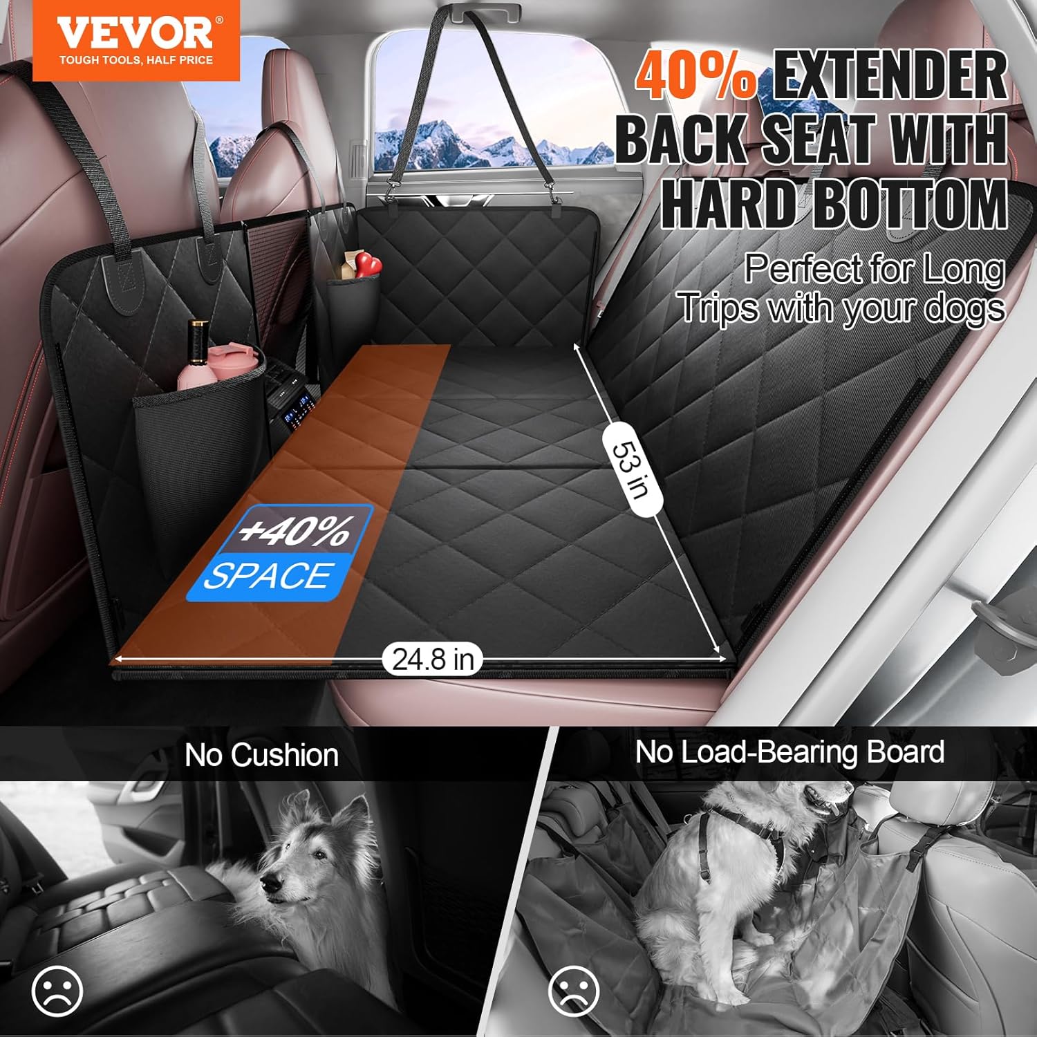 VEVOR Back Seat Extender for Dogs,Hard Bottom Dog Car Seat Cover for Back Seat Holds 350 lbs, Backseat Extender for Dogs, Waterproof Dog Hammock for Car, SUV, Truck for Car Bed 53"x24.8"