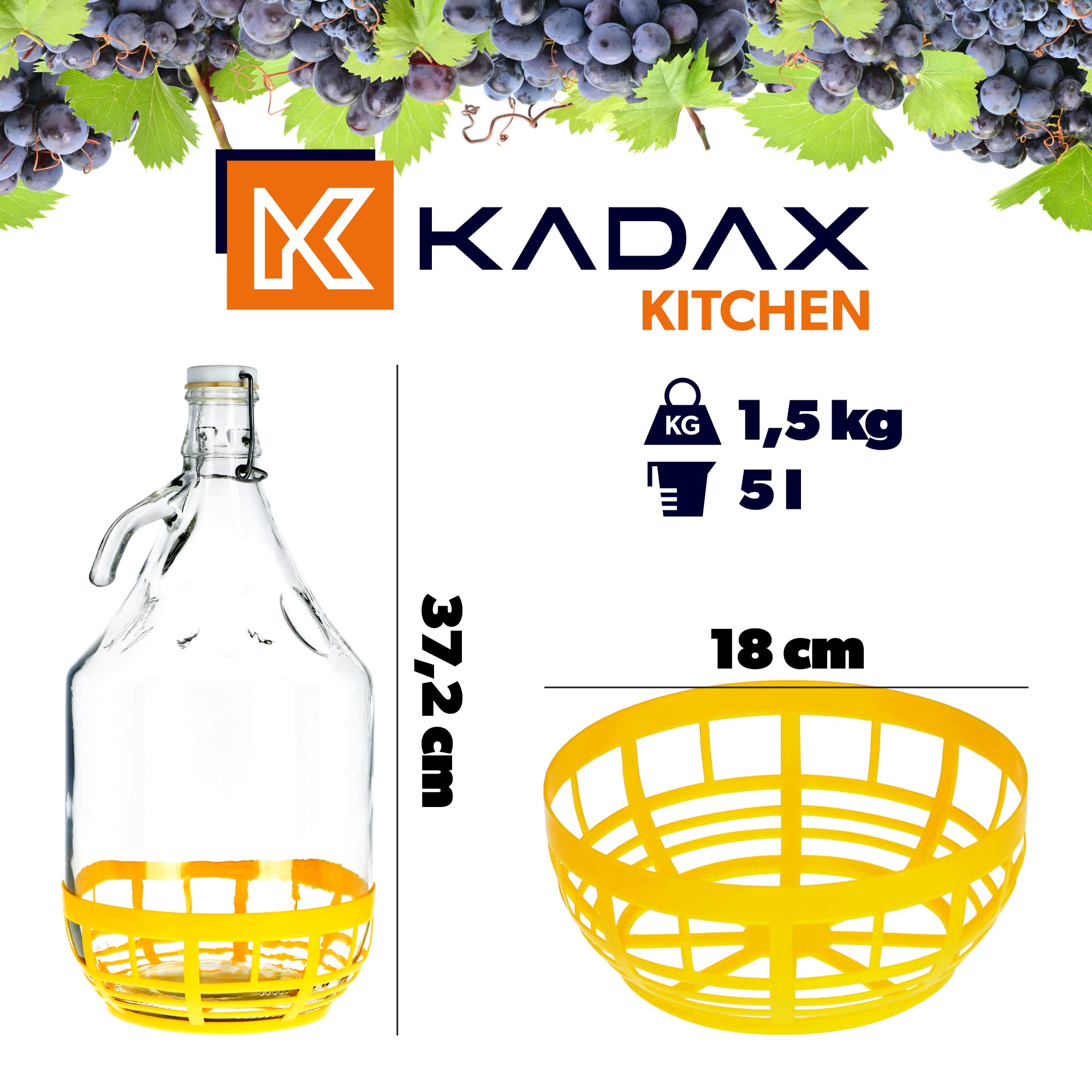 KADAX Lot de 6 bonbonnes en Verre 5L – Ballons de Fermentation pour vin, bière & cidre