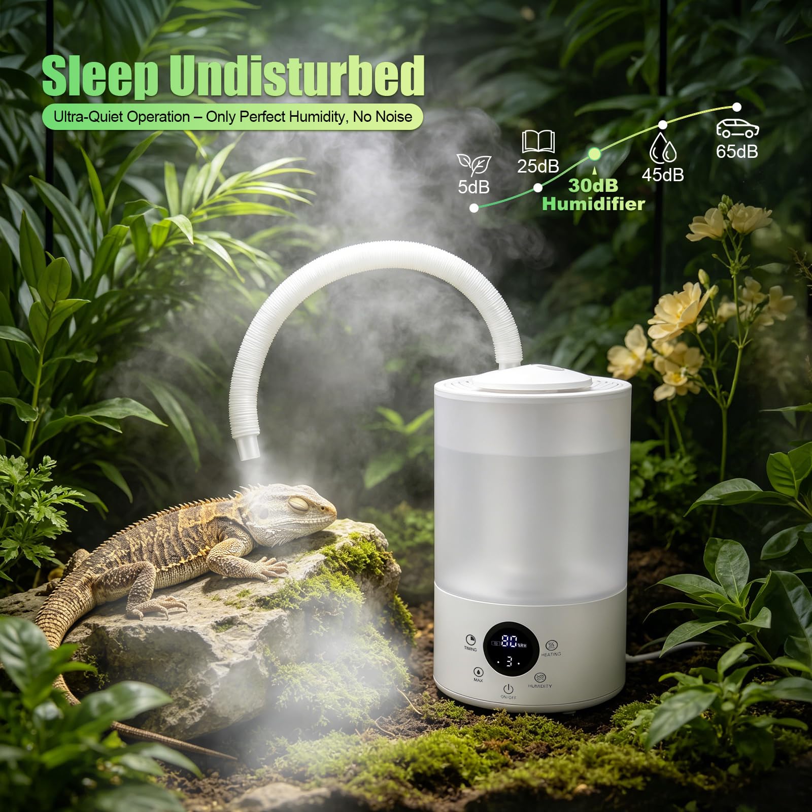 Umidificatore per rettili, 4 l, nebulizzatore per terrario con sensore di umidità, timer, doppio tubo estensibile, ultra silenzioso, grande macchina per nebulizzazione per rettili anfibi piante