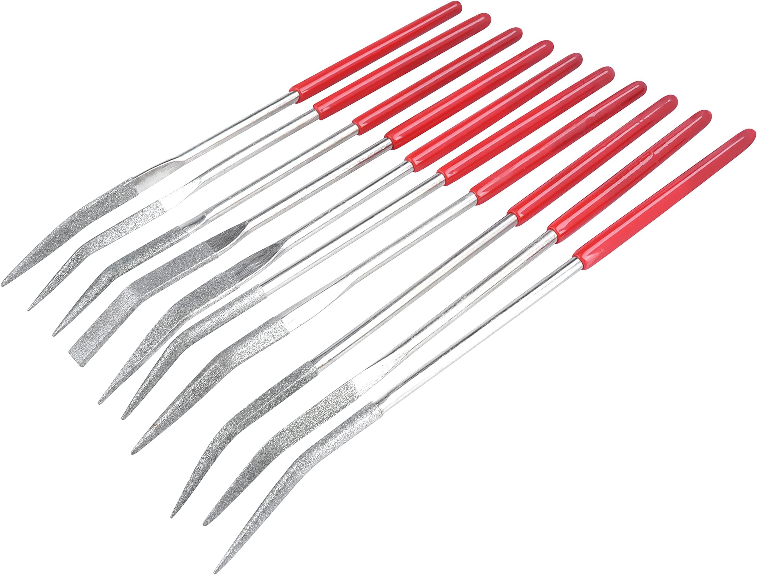 YAKAMOZ 10PCS Curved Mini Diamond Needle File Set Bent Small Metal Riffler Files Hand Tools for Glass Wood Stone Jewelry - Round Triangular Square Flat Shape 3x140mm