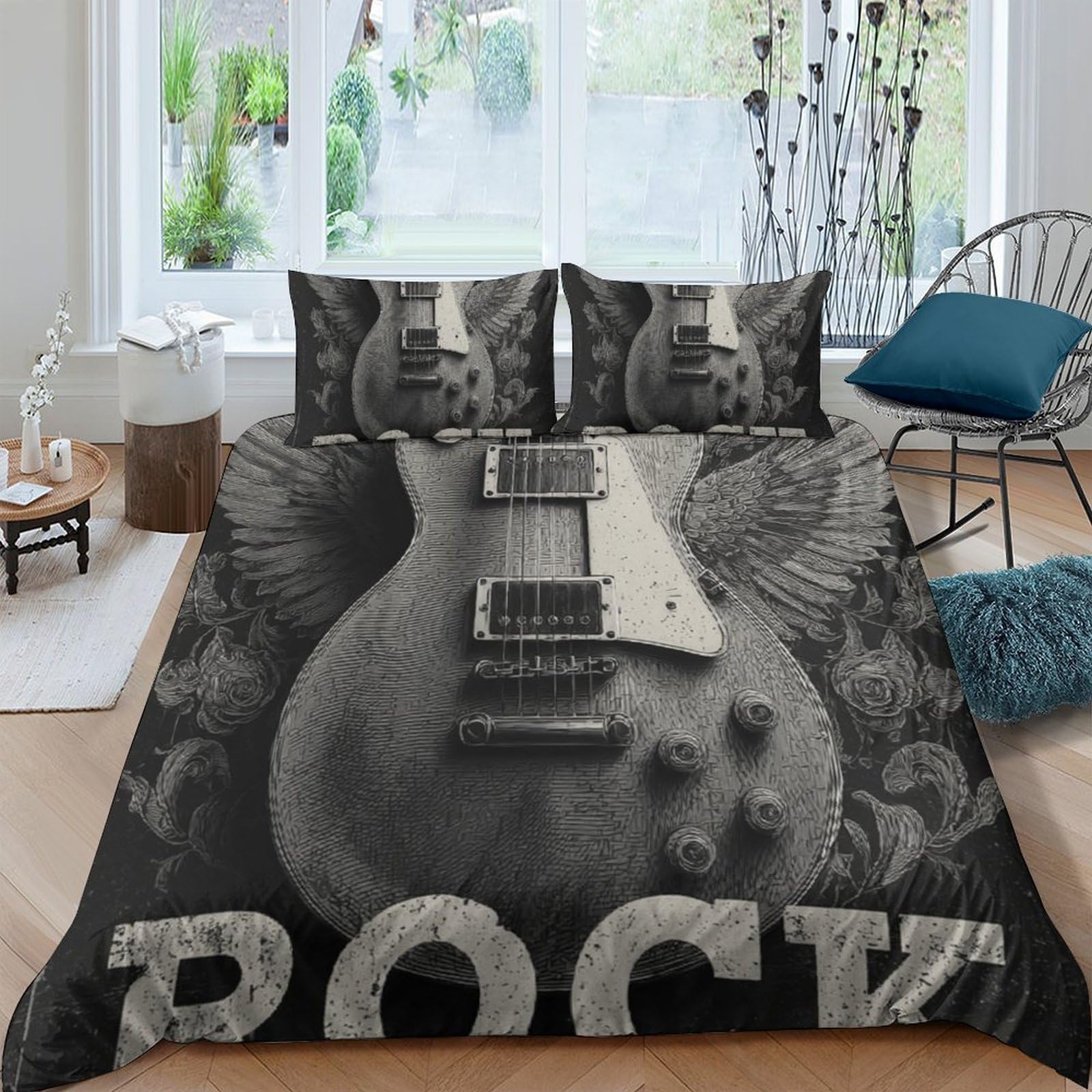 Ctjqhvkz Style-10 3D Printed Guitar Rock Fitted Sheet Microfiber Soft Black Bedroom Decor Anti-Slip Bed Cover For Home Guest Room Single（135X200cm）