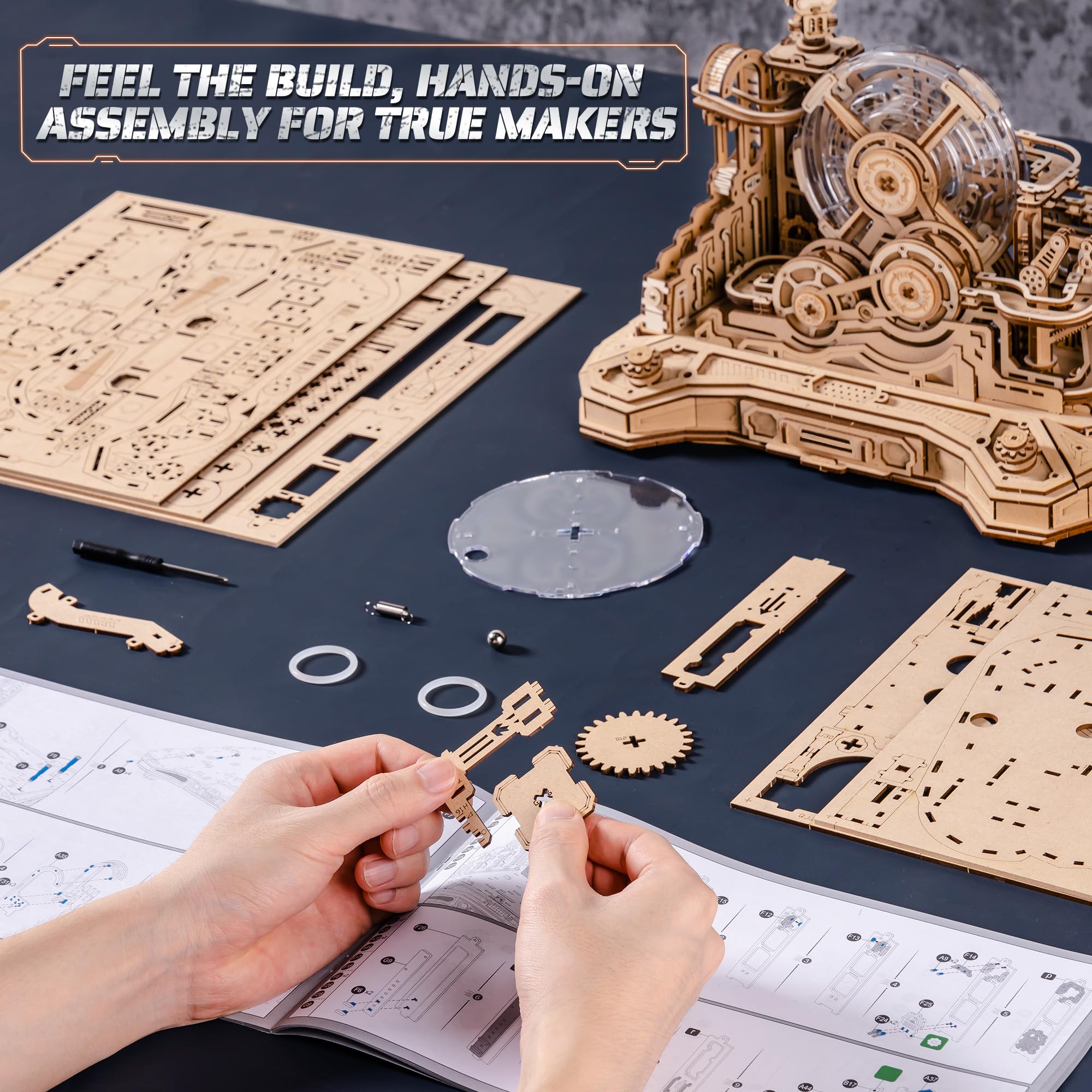 ROBOTIME Drewniane puzzle 3D Gear Ball Challenge - mechaniczny zestaw modeli labiryntu dla dorosłych i nastolatków, 653 szt. zabawka prezent STEM, projekt kontrolera do gier, EGC01