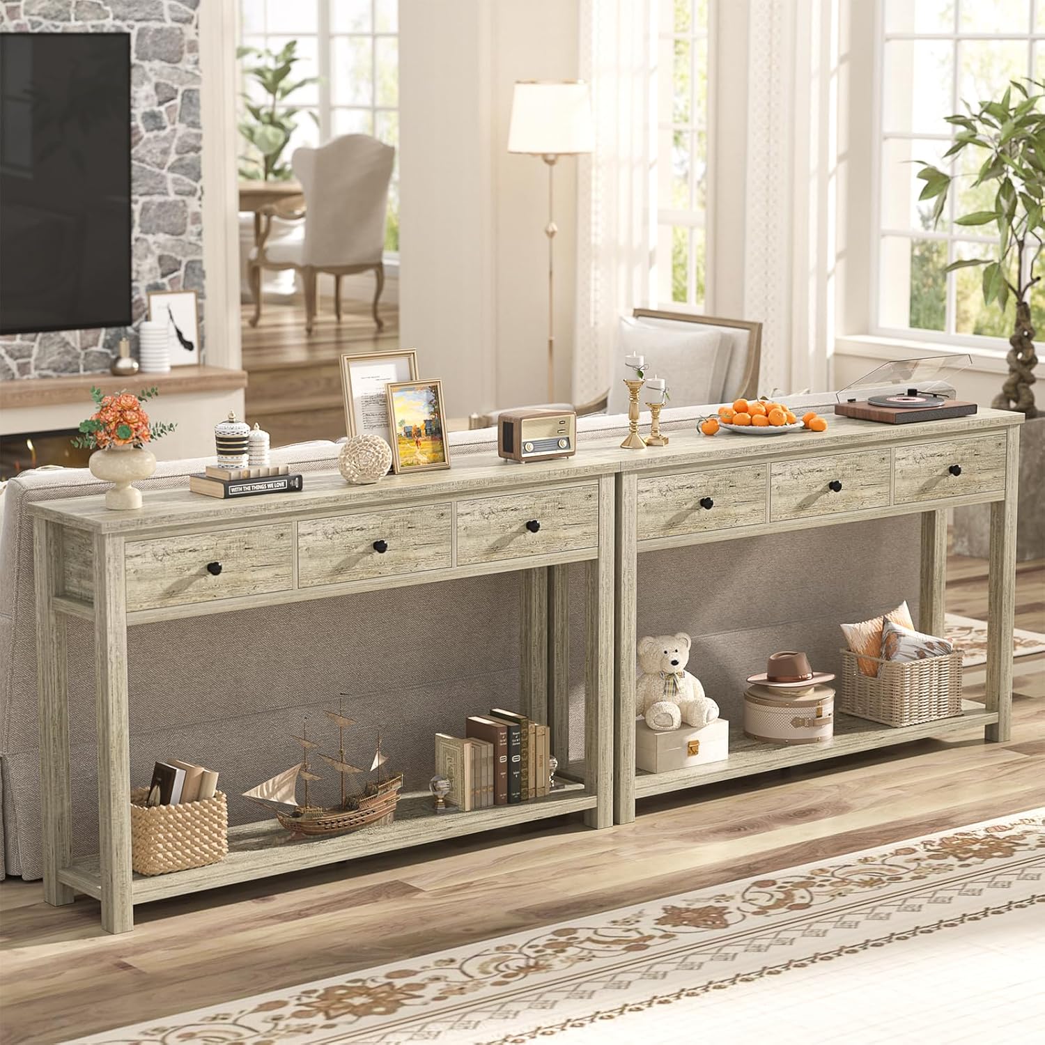 Homieasy Farmhouse Console Table with 3 Drawers, 47 Inch Wood Sofa Table with Storage Shelf for Living Room, Behind Couch, Entryway Table for Hallway, Living Room, or Foyer, Light Rustic Oak