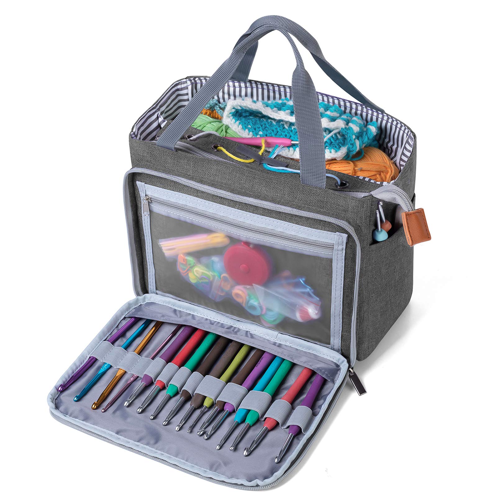 Luxja Crochet Tote Bag, Yarn Storage Bag for Small Unfinished Projects, Crochet Hooks and Other Accessories, Gray