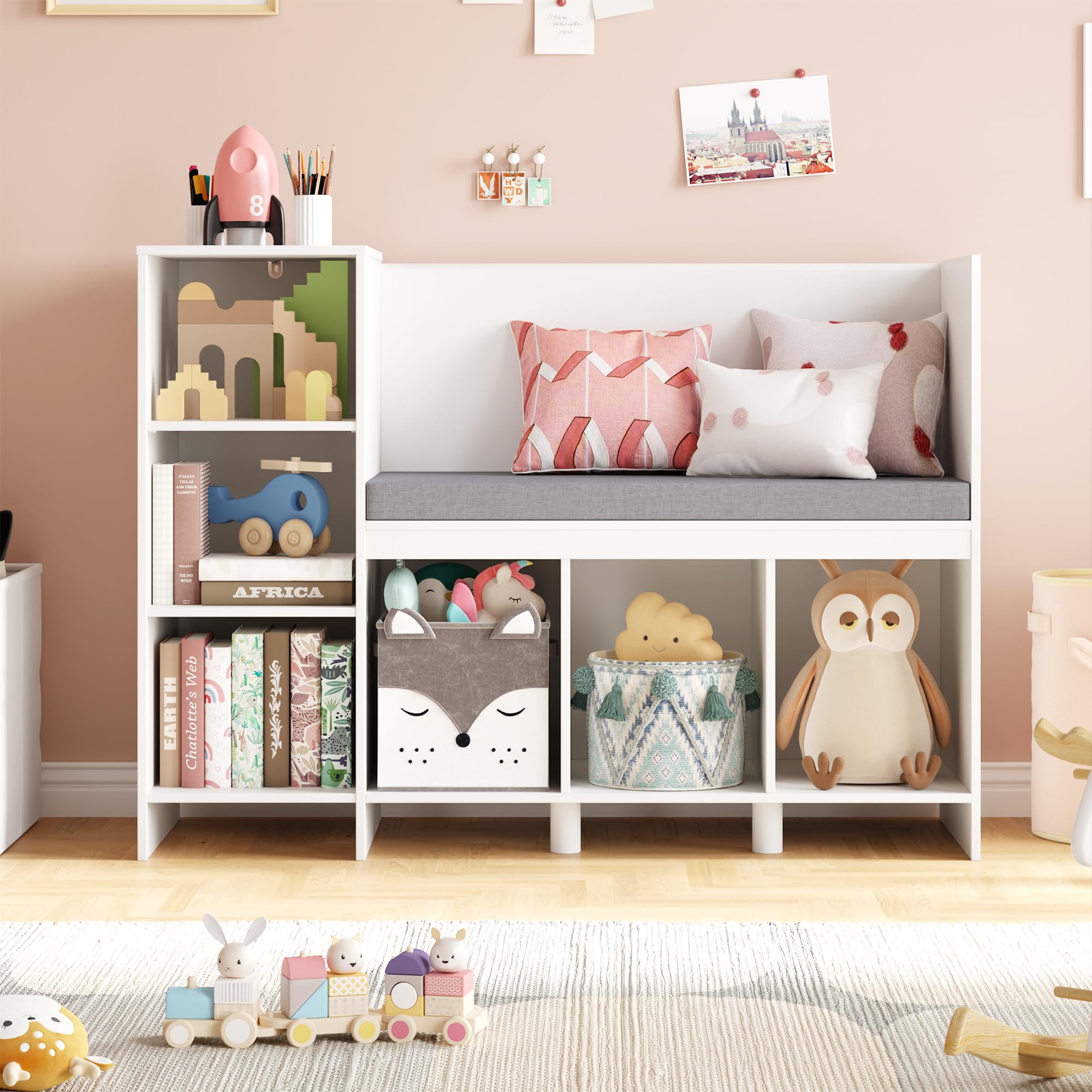 HOCSOK Bibliothèque Banc, Etagère pour Enfants avec 6 Compartiments de Rangement, Bibliothèque Enfant, Blanc, 80.5×40×110 cm