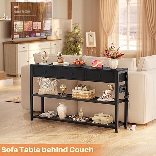 Miniatura 7 de Ecopriso Mesa de Entrada de 47'' con Tomacorrientes y Puertos USB, Mesa Consola con 3 Cajones, Mesa de Sofá Estrecha Larga con Estantes de Negro