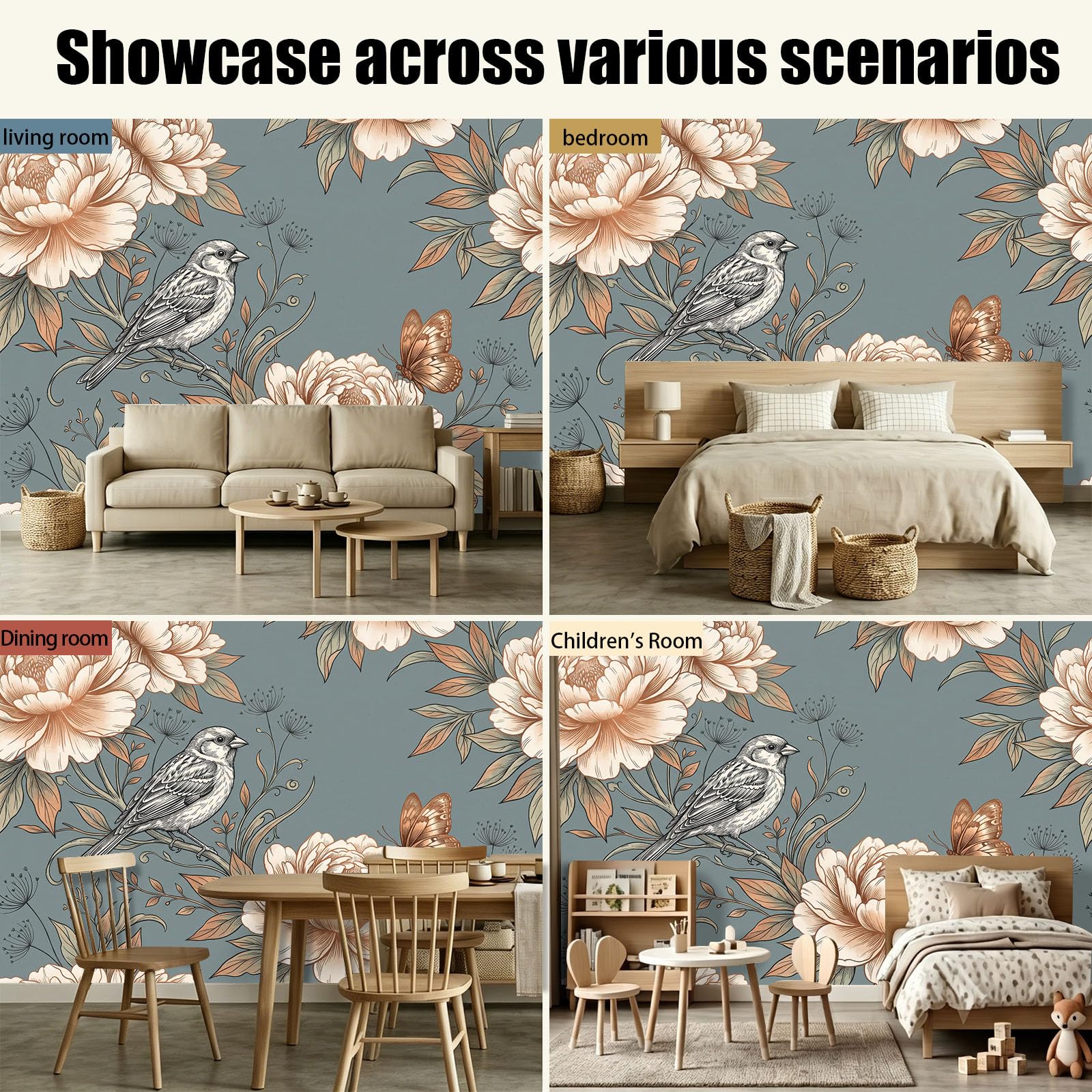 Tapeta z włókniny w stylu retro z motywem kwiatu piwonii i wróbla 200 x 140 cm do pokoi dziecięcych, tapeta z flizeliny, ptak rośliny i kwiaty, fototapeta do salonu