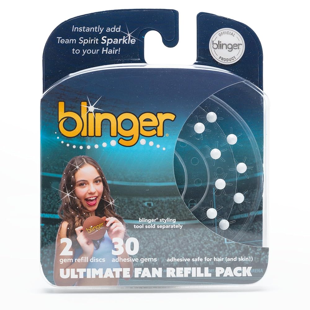 blinger Ultimate Fan Refill Pack of 30 Dazzling Hair-Safe Gems - White - as seen on Shark Tank | Hair-Safe Bedazzler Gem Stamper for all the Sports Lovers | Fun Gift, Game Days, Sports