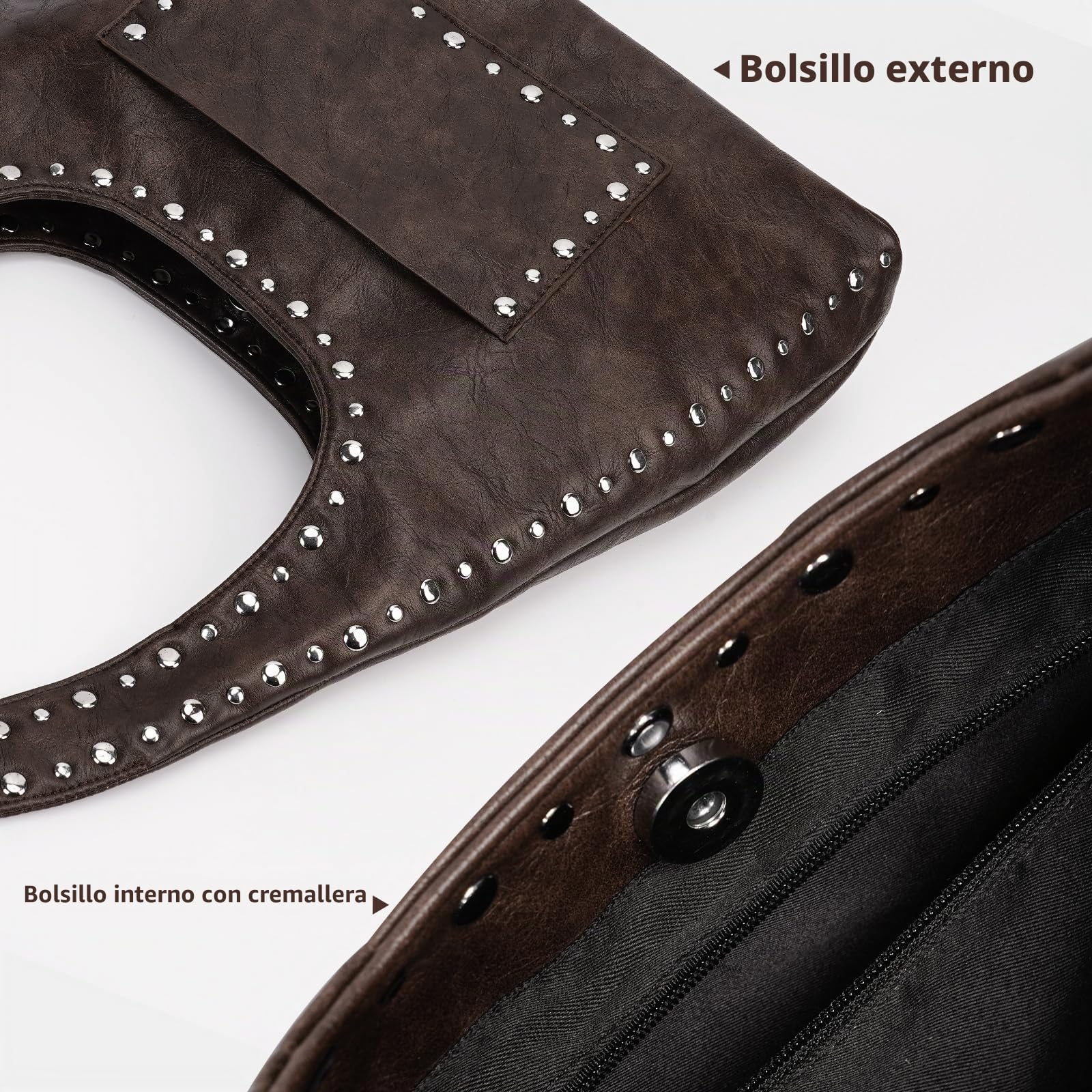HiTotes Bolso hobo de cuero con tachuelas para mujer, bolso de mano de cuero vegano, bolso de hombro Y2K, bolso hobo de otoño, bolso de hombro creciente con tachuelas