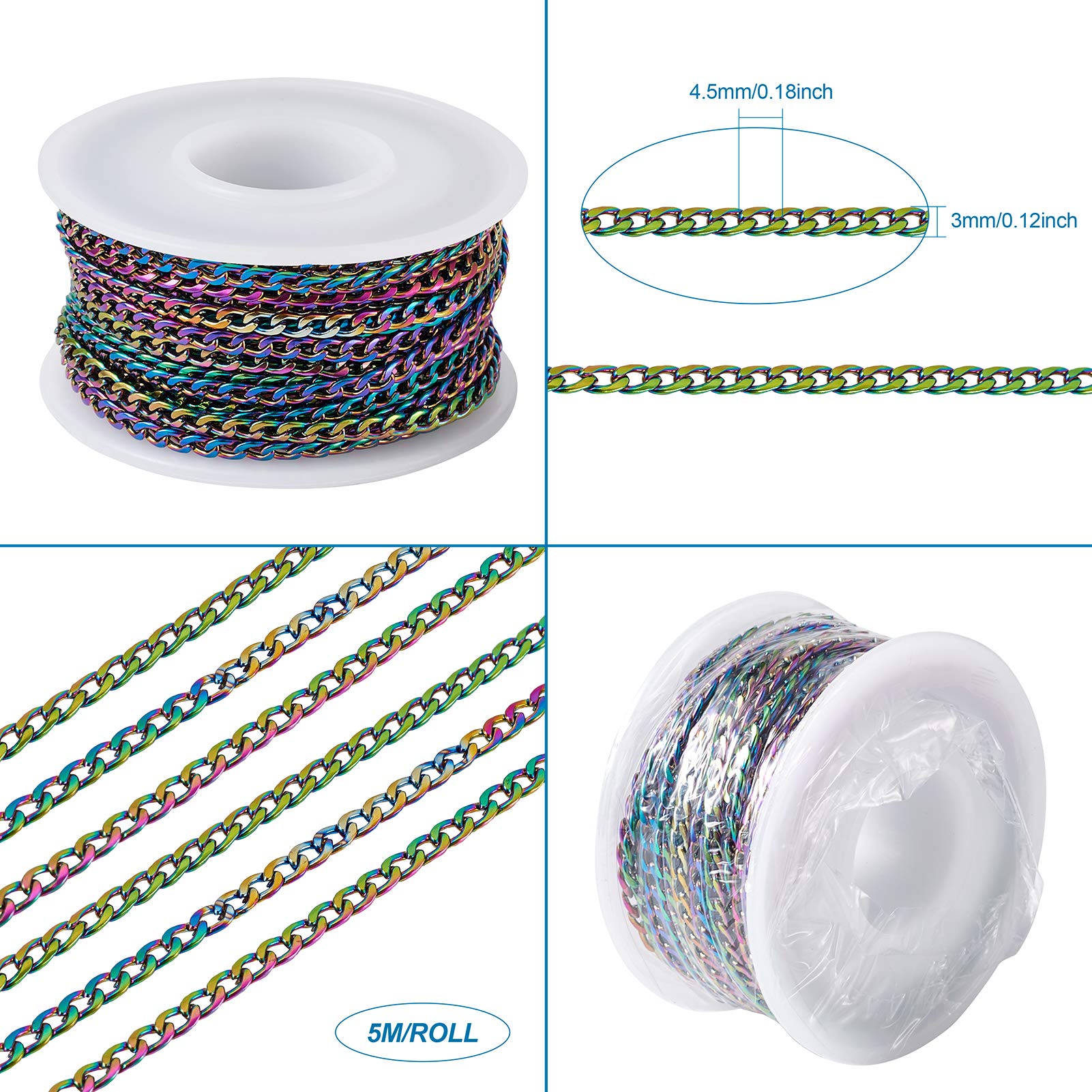 FASHEWELRY Rainbow Stainless Steel Chain | 16.4 Ft Multicolor Curb Link Chain | 10.8x5.7x2.5mm For Jewelry Making 7 thumbnail image