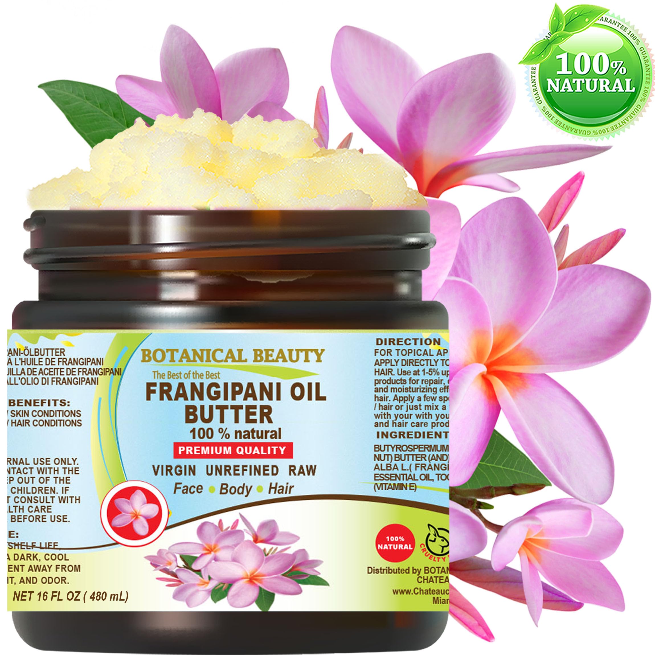 Botanical Beauty FRANGIPANI OIL BUTTER 100% Natural 16 Fl.oz.- 480 ml. Frangipani Essential Oil in Shea Nut Butter for FACE, SKIN, BODY, HAIR, NAILS. Beauty Skin Moisturizer Oil Butter.