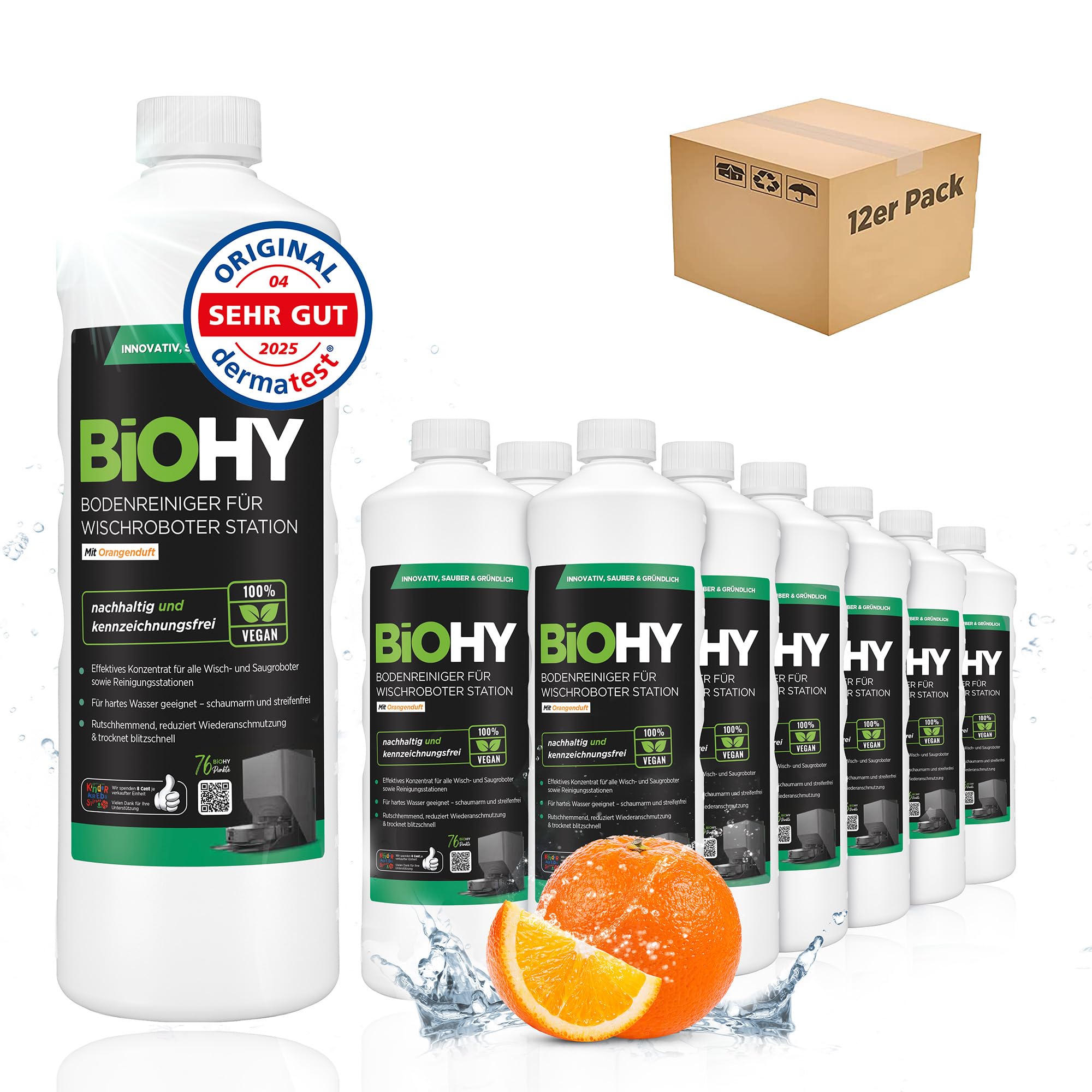 BiOHY Limpiador de suelos para robot de limpieza con aroma a naranja (12 x 1 litro) | Detergente concentrado para todos los robots limpiadores y aspiradores con función húmeda | Poco espuma y sin