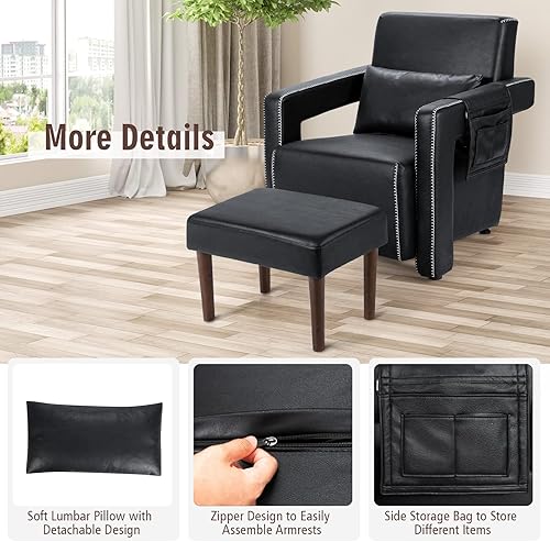 Miniatura 7 de Giantex Silla decorativa moderna con otomana, sofá individual de forro polar bereber suave con bolsa de almacenamiento lateral, almohadillas