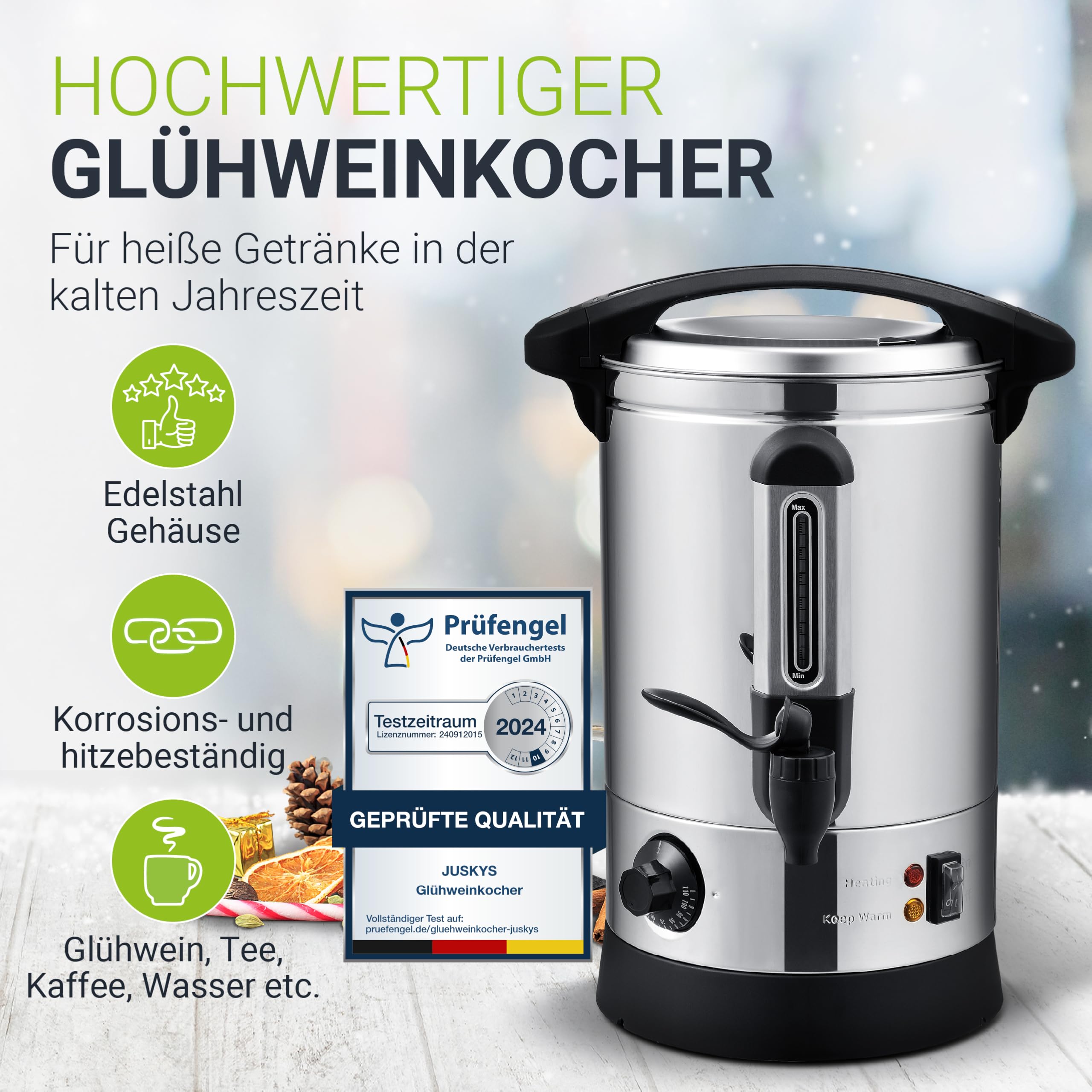 Juskys Glühweinkocher Teramo 7 Liter 1500W mit Zapfhahn, Thermostat & Überhitzungsschutz, 30-110°C, Edelstahl, elektrisch, Heißgetränkespender Glühweinkessel Heißwasserspender Glühweintopf
