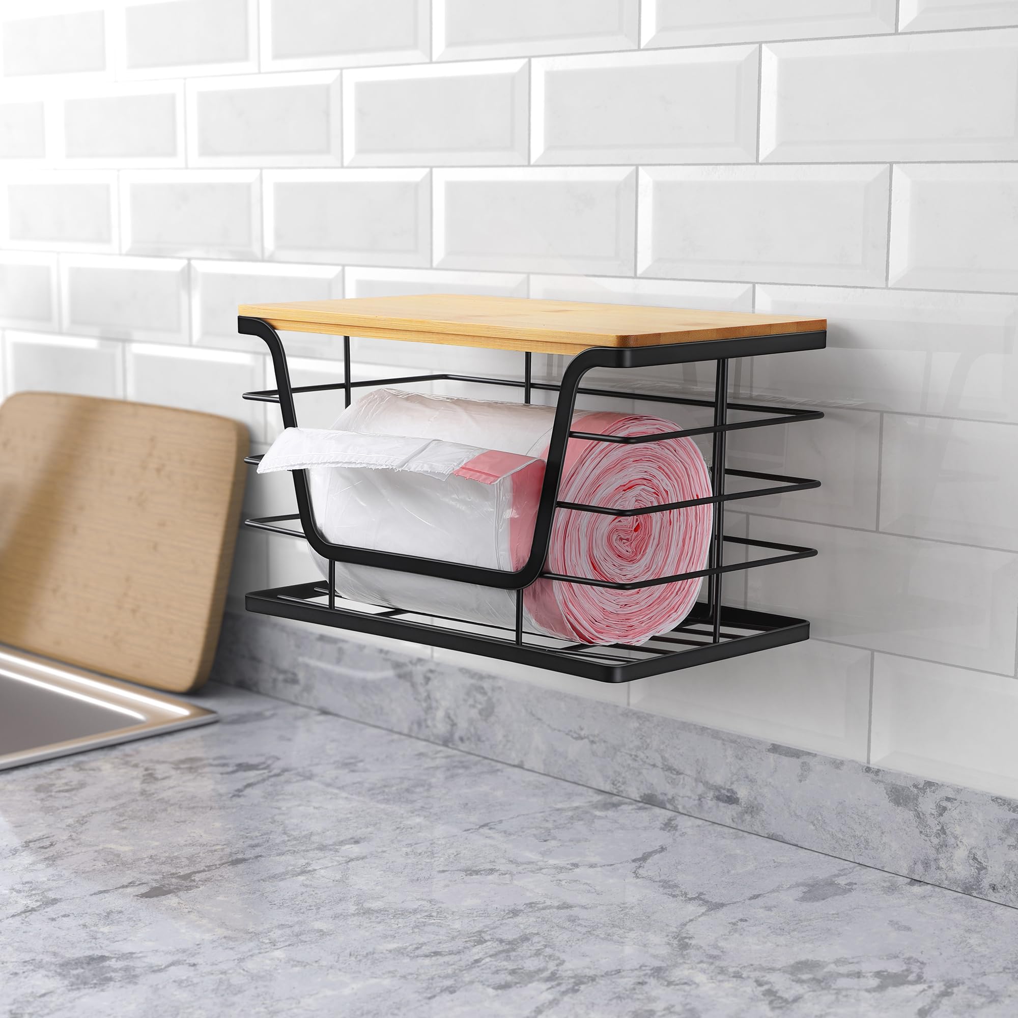 ALOCEO Distributeur de sacs poubelle extra large avec dessus en bambou, distributeur de sacs poubelle mural pour cuisine, buanderie