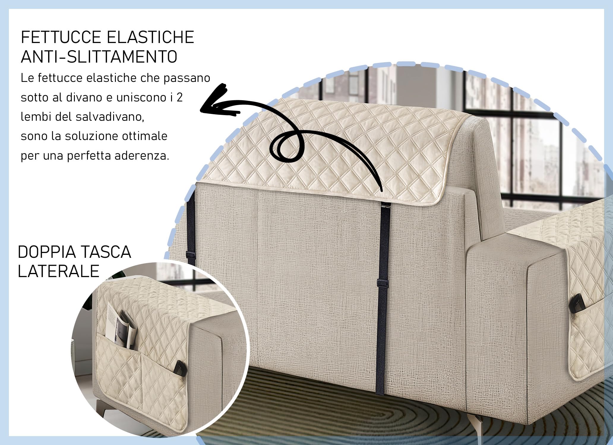 Banzaii Copridivano Impermeabile 3 Posti, Salvadivano Antimacchia Trapuntato Bicolor Universale con Tasche Portaoggetti Panna/Sabbia – Seduta 170 cm