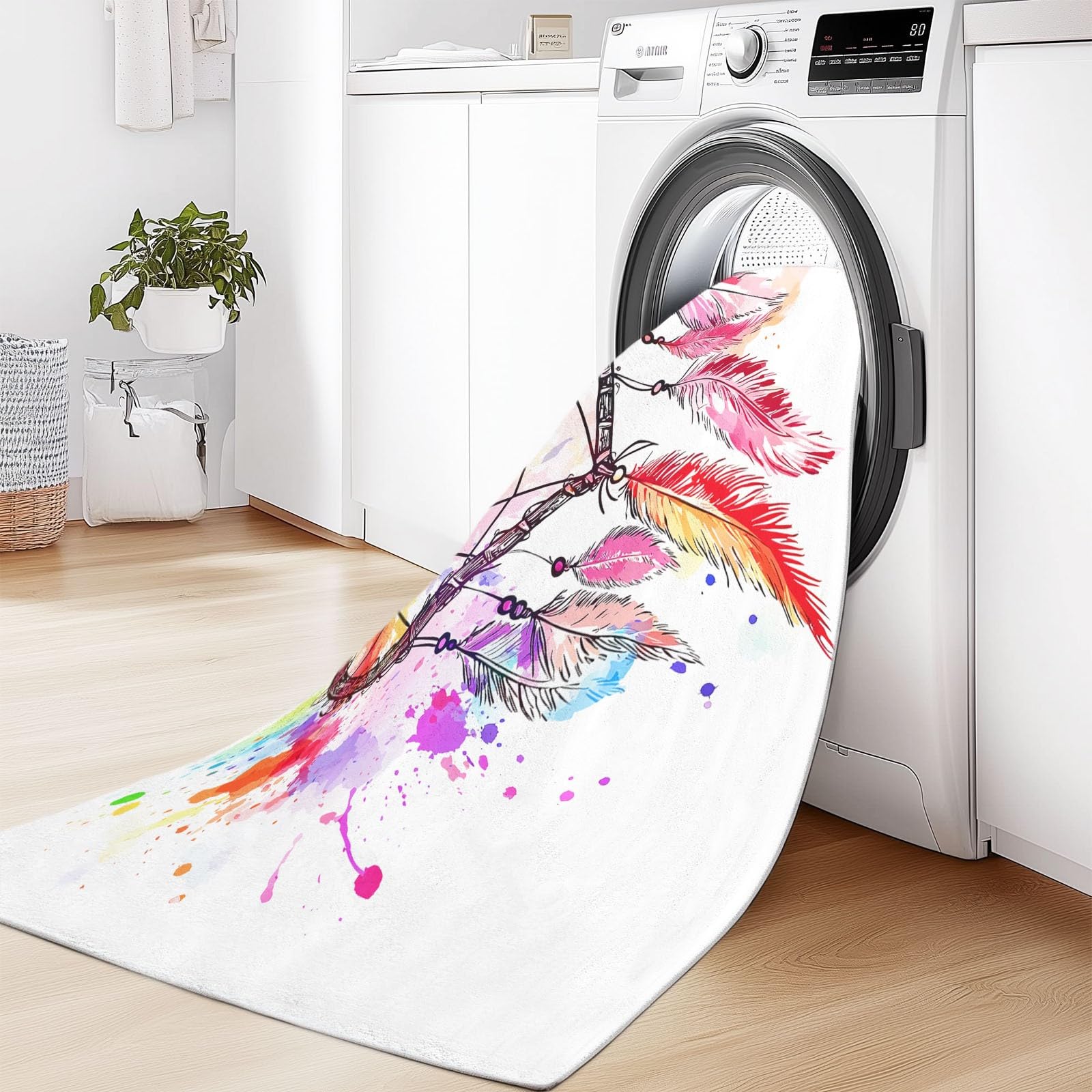 Spirituelle Boho-Kunst 80 x 150 cm Waschbar Teppich Wohnzimmer, Verträumt Traumfänger Federn Textur Rutschfest Teppich Schlafzimmer Mehrfarbig Kurzflor für Kinderzimmer Bettvorleger Spielzimmer