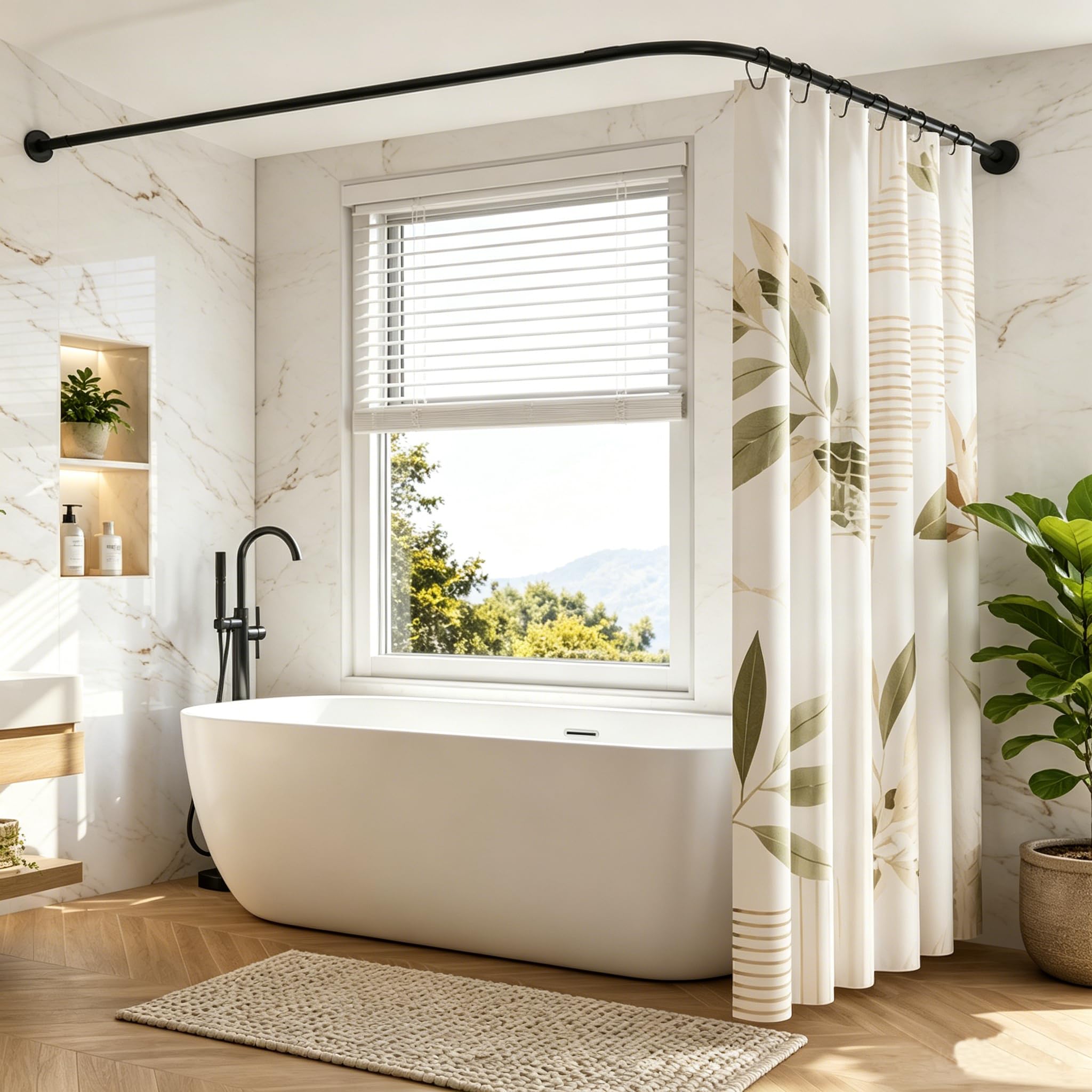 Duschvorhangstange L Form ohne Bohren, 90-130cm Verstellbare Duschstange Ecke, SUS304 Edelstahl Duschvorhang Stange Badewanne mit 12 Haken, für Badewanne/Badezimmer, Schwarz
