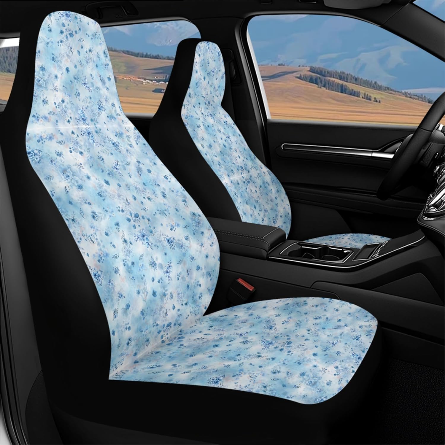 14 Pcs Floral Car Seat Covers Full Set Car Trash Can Coaster Seat Center Console Keychain Gear Lever and Handbrake Steering Wheel Seat Belt Covers/Ocean Mist
