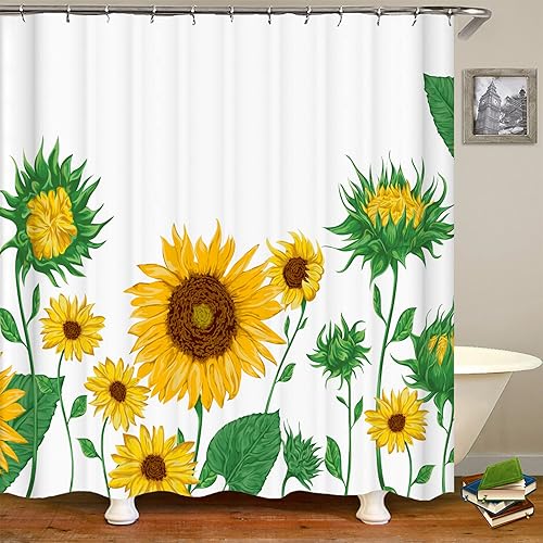 Miniatura 4 de Hipposama Cortina de ducha de girasol, juego de cortina de ducha de girasol amarillo de primavera campestre, cortinas de ducha florales de acuarela