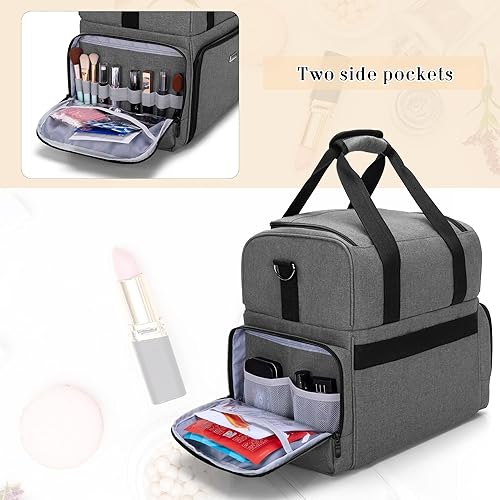 Miniatura 4 de BAFASO Bolsa de maquillaje de viaje grande de 2 capas con 3 bolsas interiores extraíbles, bolsa para el cabello, bolsa de cosméticos, bolsa de