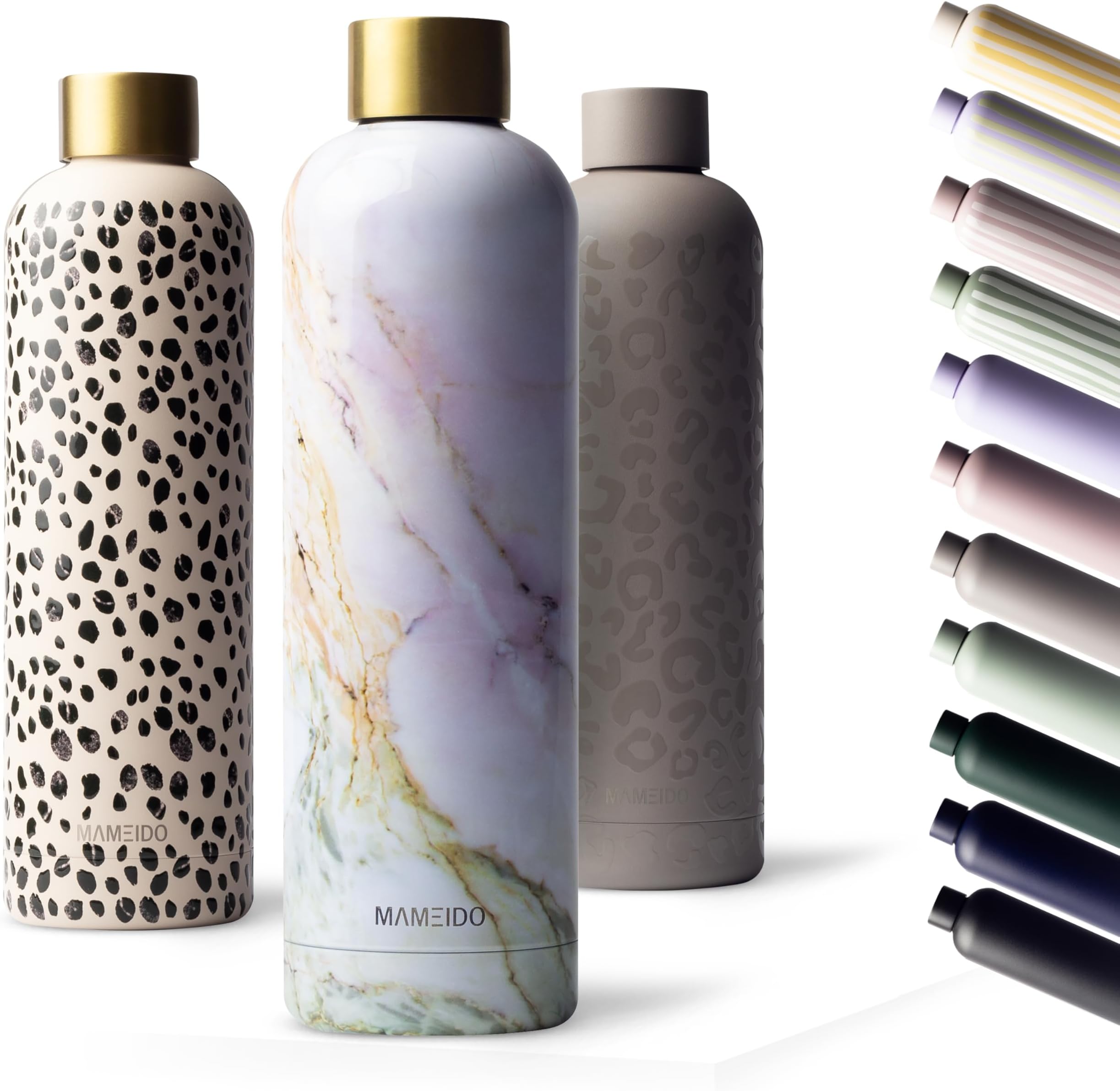 Insulated Water Bottle 750 ml, Leak-Proof 18/8 Stainless Steel Thermo Flask, Suitable for Carbonated Drinks, BPA-Free (Pearl Marble Gold)
