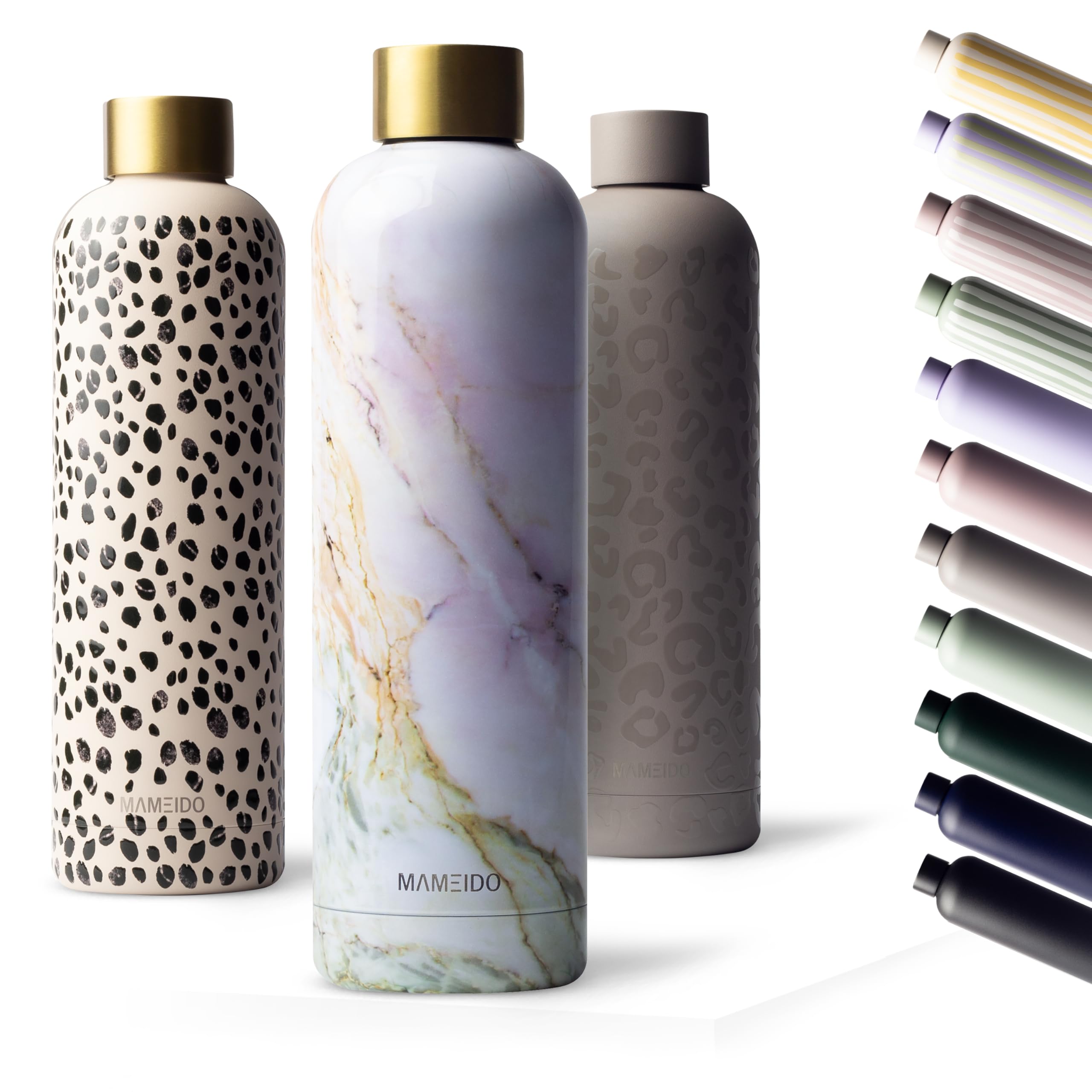 MAMEIDO Insulated Water Bottle 500 ml, Leak-Proof 18/8 Stainless Steel Thermo Flask, Suitable for Carbonated Drinks, BPA-Free (Pearl Marble Gold)