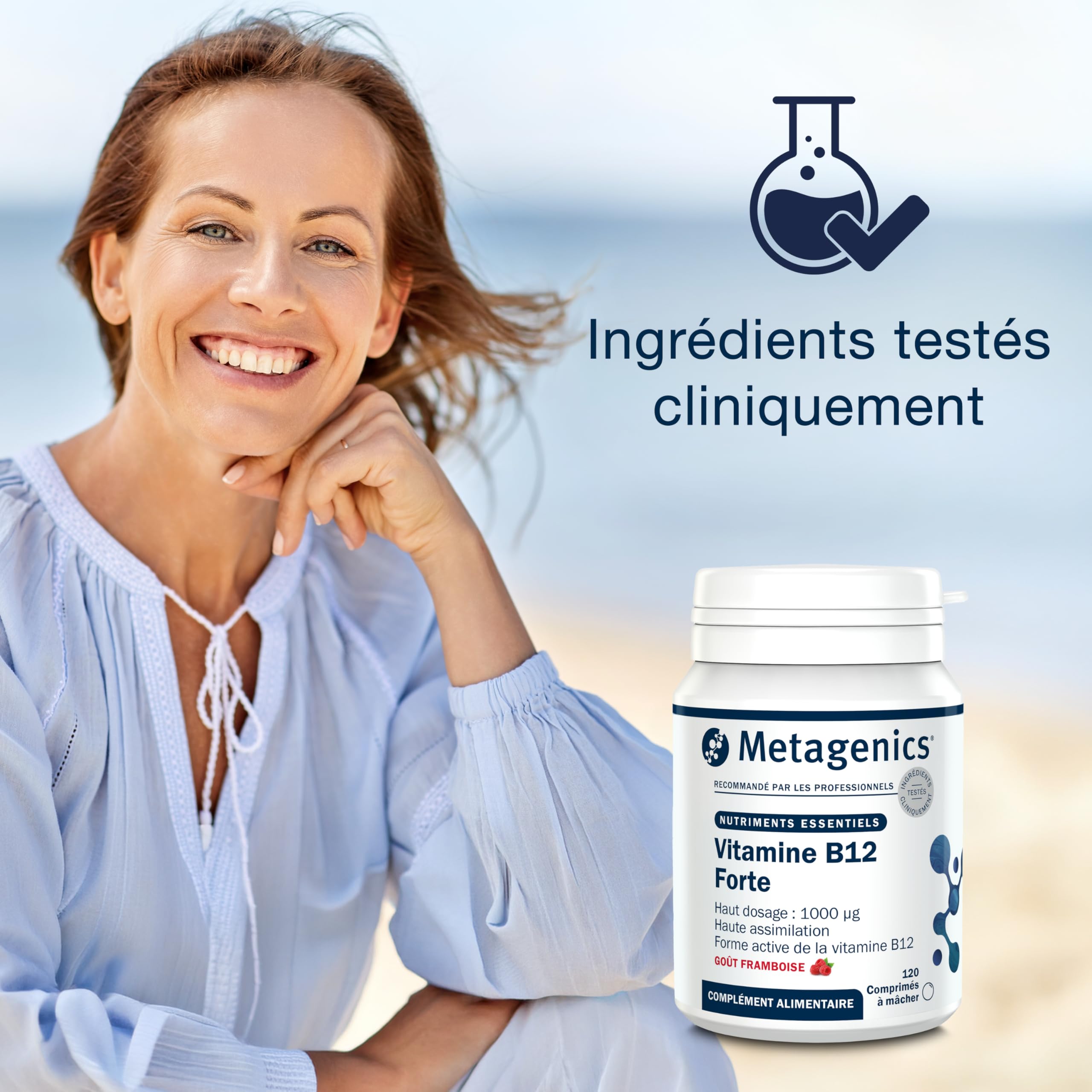 Metagenics Vitamine B12 Forte 1000 μg - Soutien de l'énergie et du système nerveux, réduit la fatigue, 120 comprimés à croquer goût framboise