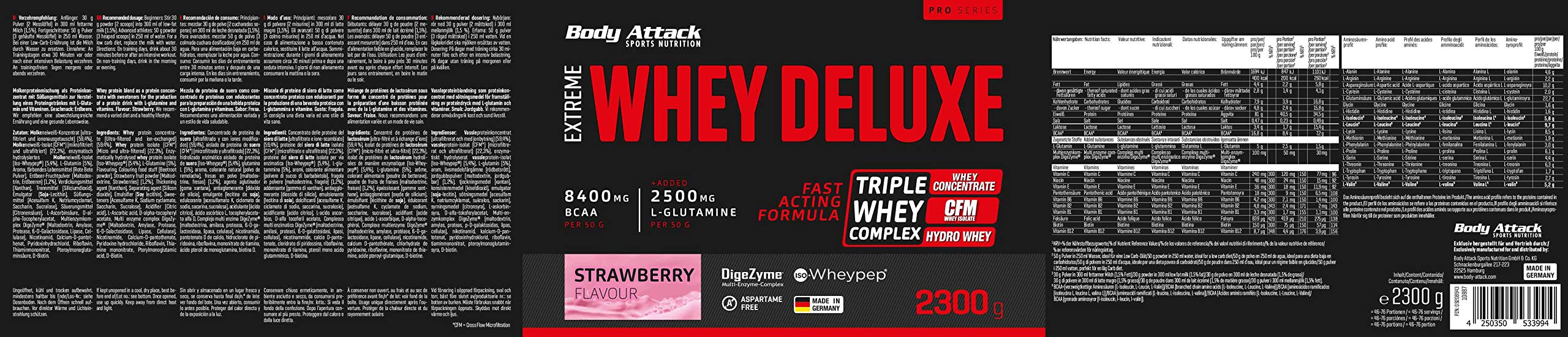 Body Attack Extreme Whey Deluxe, Strawberry Cream, 2x2,3 kg Eiweißpulver mit Aminosäuren, Triple-Whey-Complex, CFM Whey Isolate, perfekt lösliches Protein-Pulver, fettarm, zuckerarm, Made in Germany