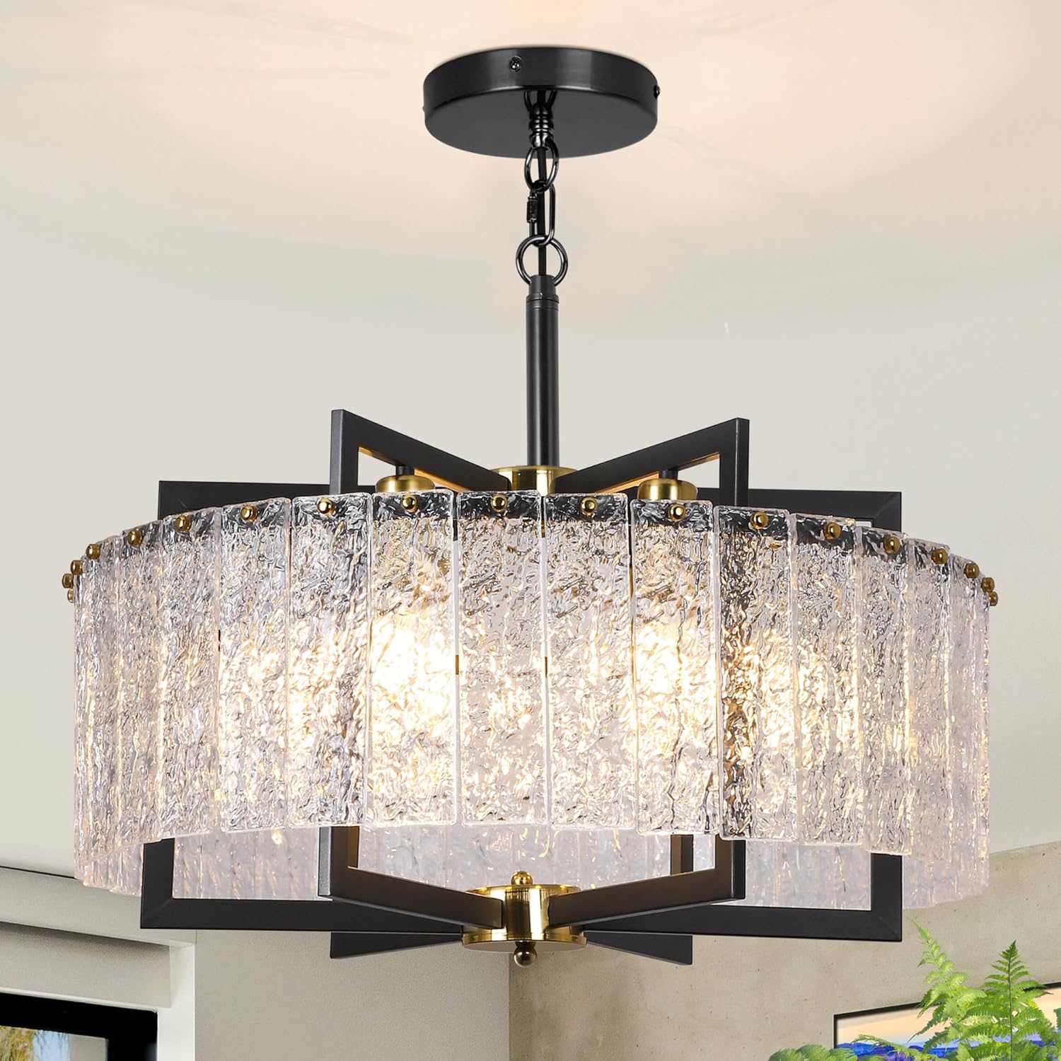 Modern Black Crystal Chandeliers, 24" Dining Room Light Fixture with Water Ripple Glass, Adjustable Height Luxury Round Lighting for Kitchen Island Bedroom Living Room