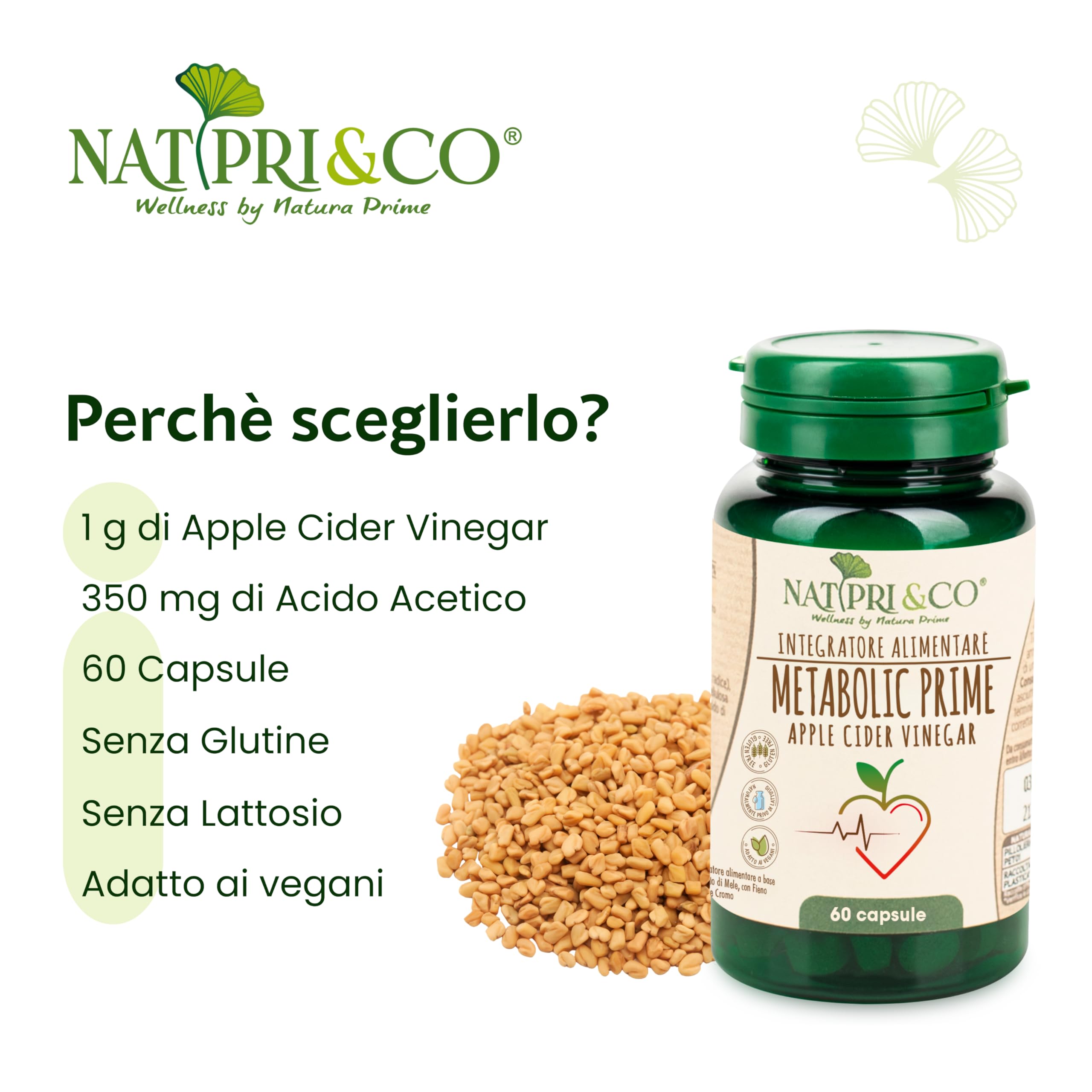 Natura Prime – Metabolic Prime Apple Cider Vinegar Normali Livelli Di Glucosio e Lipidi Nel Sangue – Con Aceto Di Sidro Di Mele, Fieno E Cromo - 60 Capsule – Vegano, Senza Glutine E Senza Lattosio
