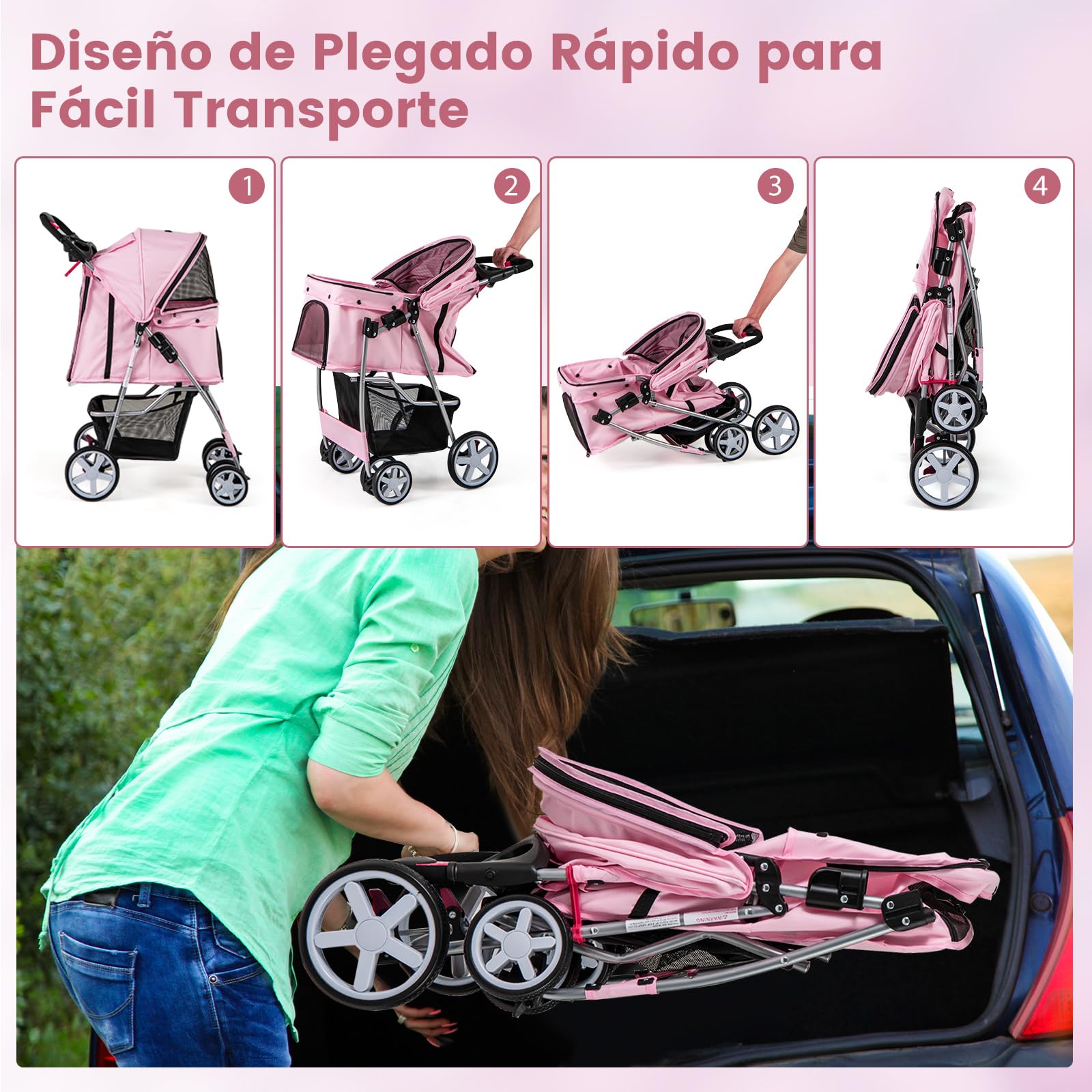 COSTWAY Cochecito para Mascotas Plegable, Cochecito de Mascotas de 4 Ruedas para Gatos/Perros, Carrito para Gatos con Cesta de Almacenamiento y Ventana de Malla impermeable (Rosado)