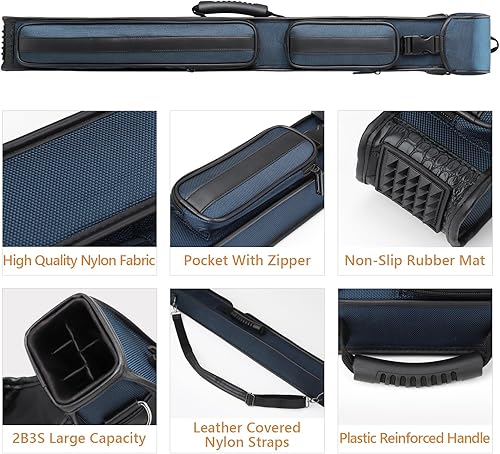 Miniatura 5 de Estuche rígido de nailon para taco de billar de 2 x 3, funda rígida de 5 agujeros para billar con 2 bolsillos, capacidad para 2 traseros y 3 ejes