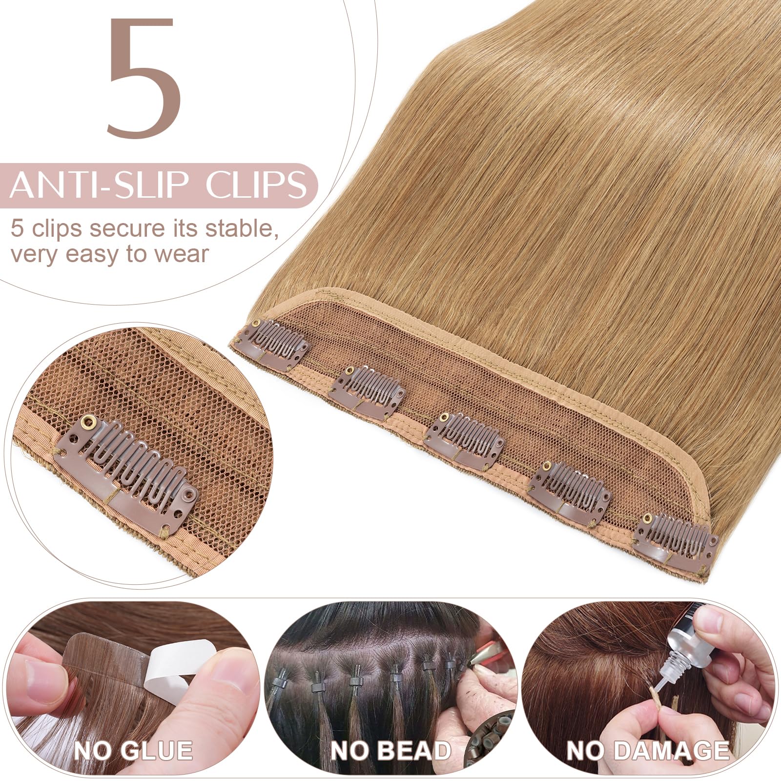 16 inches SEGO One Piece Hair Extensions Clip in Human Hair [#27 Dark Blonde] Real Remy Hairpieces for Women 3/4 Full Head Straight Invisible (45g) — view 2