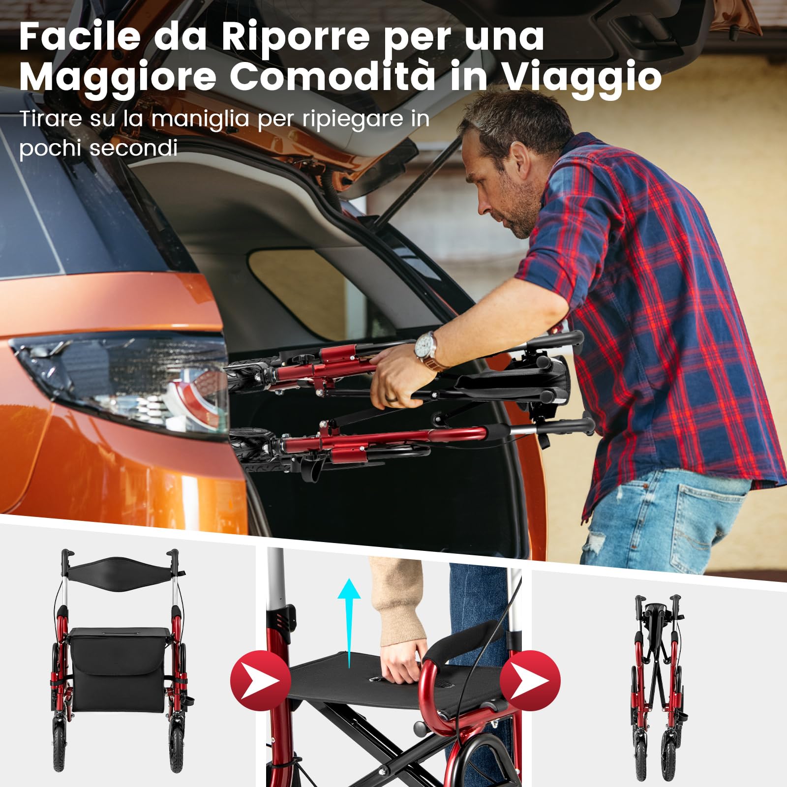 GYMAX 2 in 1 Deambulatore, Sedia a Rotelle in Alluminio Leggero con Altezza Regolabile, Pneumatici Gonfiabili per Vari Terreni, Pieghevole per Anziani/Disabili (Rosso)