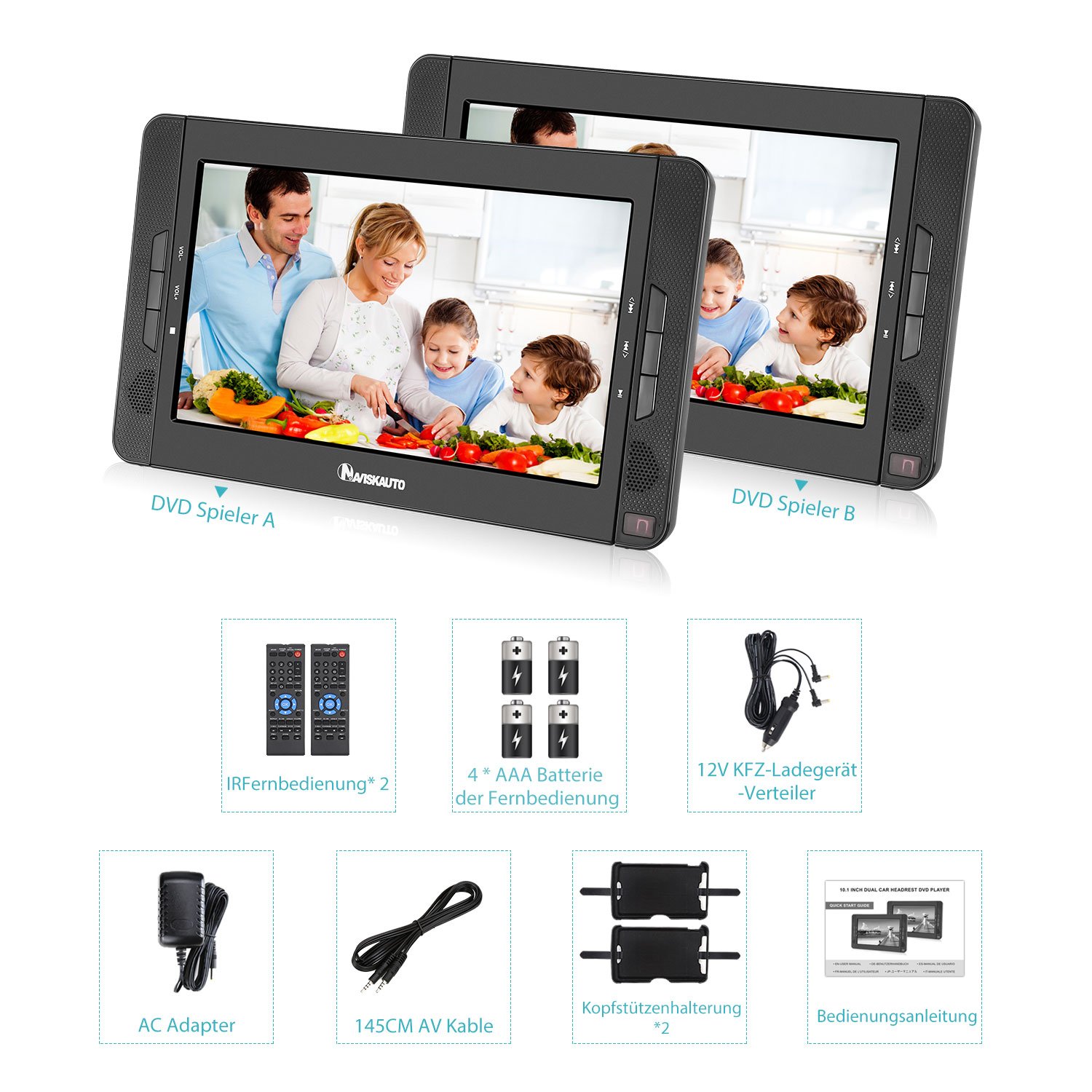 NAVISKAUTO 10,1" DVD Player für Auto Tragbarer DVD Player 1080P HD TFT Bildschirm FM Kopfstütze Monitor Memory HDMI SD USB mit IR Kopfhörer 12V (Doppel Player)