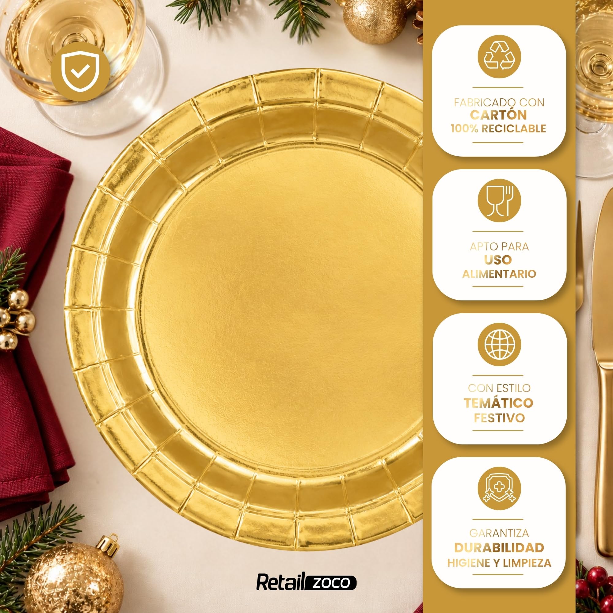 Platos de cartón, Platos Desechables cartón, Diseño Dorado, 12 Unidades - imagen 3