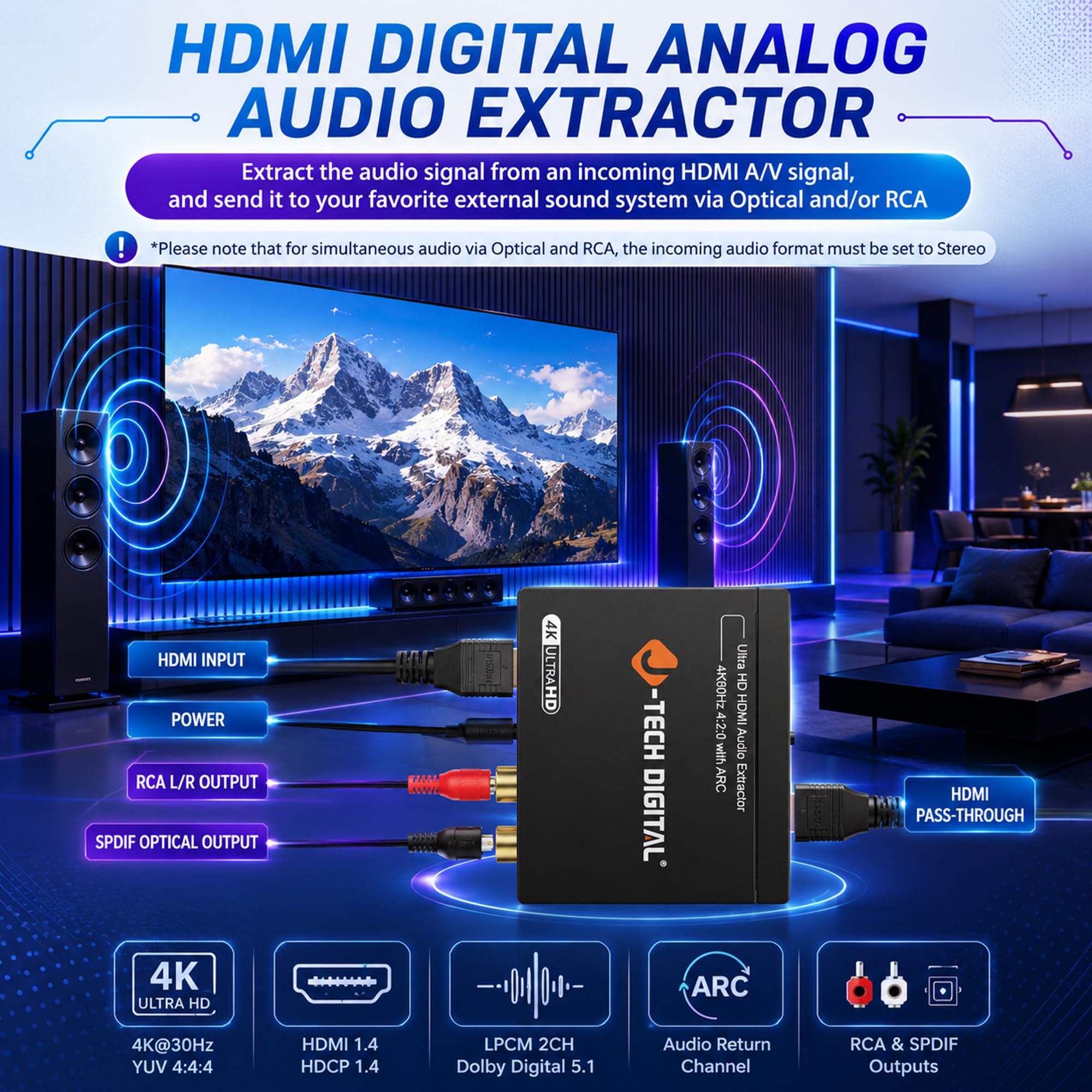 Amazon.com: HDMI Audio Extractor 4K 30Hz 1080P 60Hz SPDIF + RCA