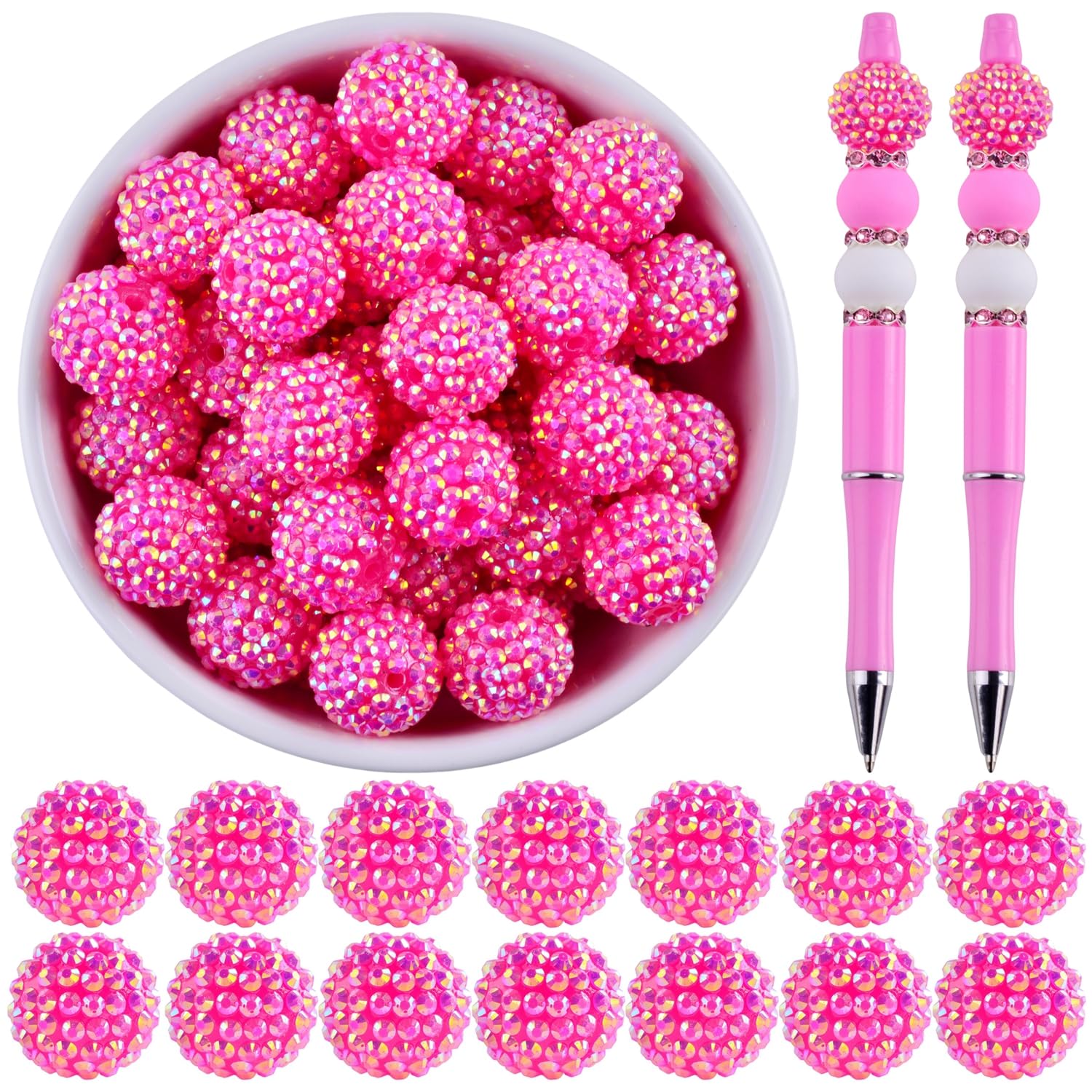 20mm Rhinestone Beads for Pens 20pcs Beaded Pens Beads Bling Glitter Suger Bugglegum Beads Large Balls Crystal Pen Beads for DIY Pens Keychain Making