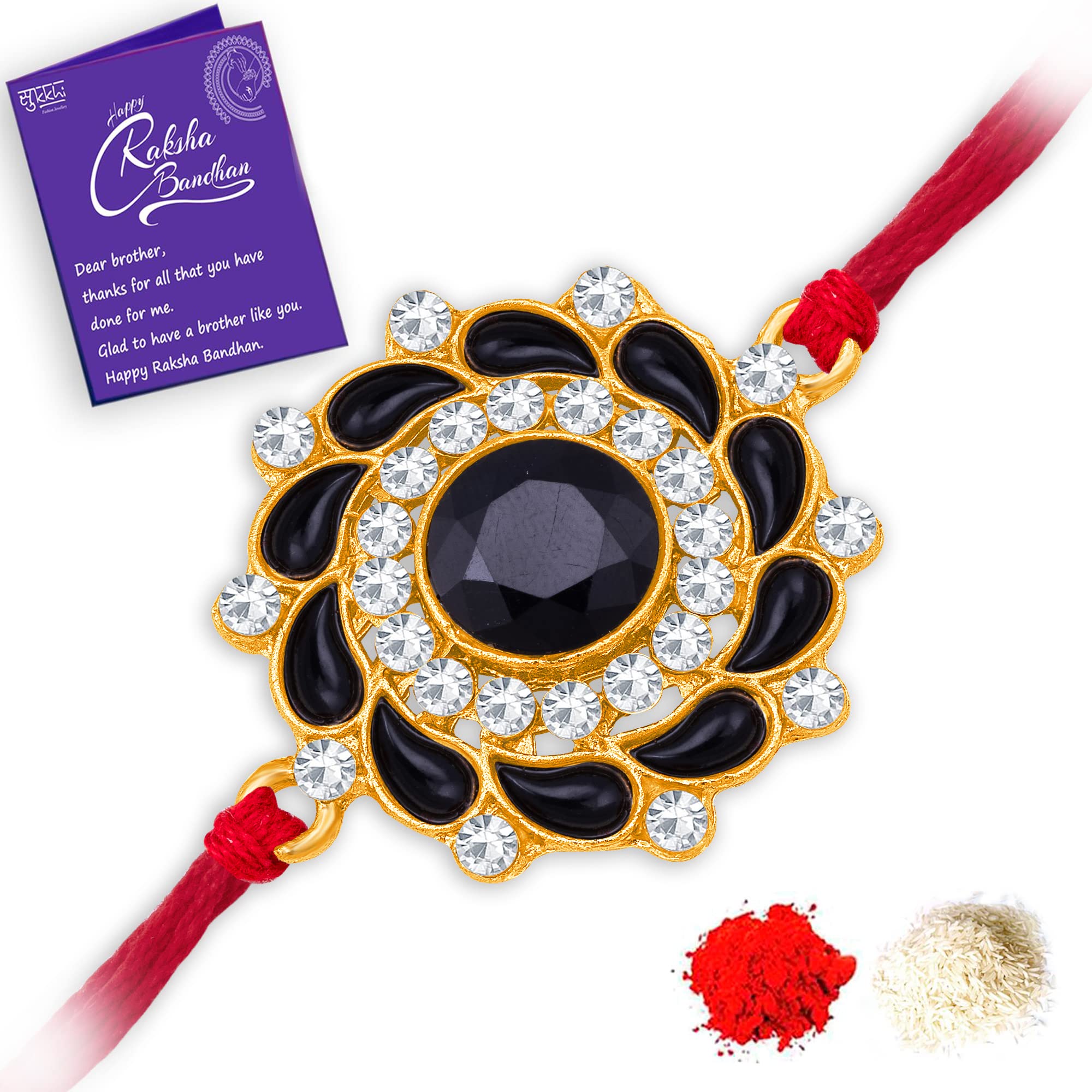 Sukkhi Mens Rakhi for Brother Youthful Kundan Designer Gold Plated with Roli Chawal & Greeting Card|RAK104506