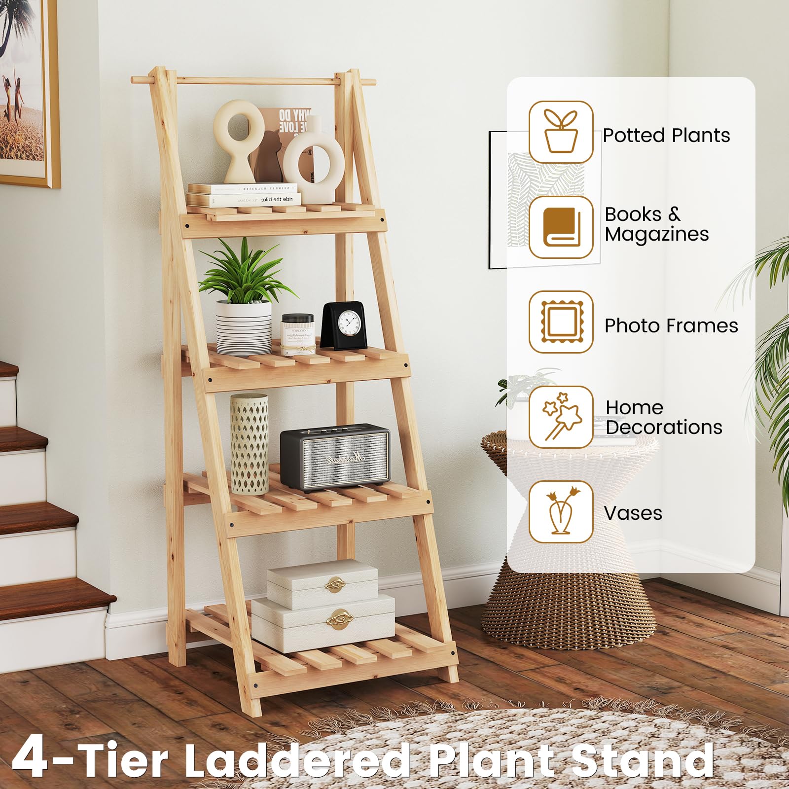 HOMASIS Porte-plantes d'intérieur à 4 étagères, étagère présentoir à escalier en bois d'épicéa, support pour plantes pliable et multifonctionnel pour salon, entrée, 38 x 52 x 109 cm, naturel