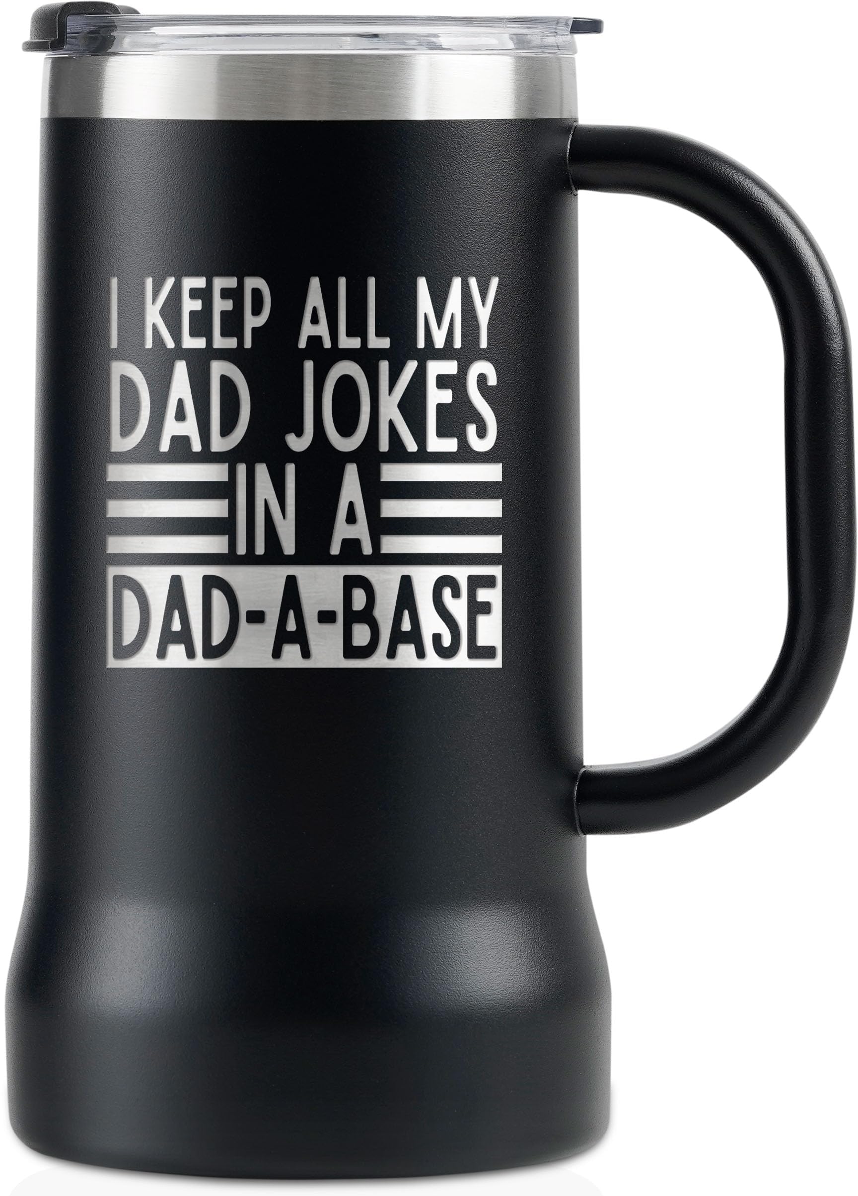 Onebttl Dad Joke Gifts, Dad-a-base, Database, from Daughter Son, Stainless Steel Beer Stein Tumbler, 24oz Beer Mug with Lid